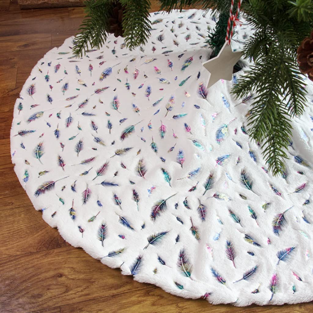 Spódnica Pod Choinkę Choinka Spódnica, Choinki Mat, Snowy White Faux Futro Spódnica Spódnica Dla Xmas Wakacje Domowe Dekoracje Ozdoby Mata Pod Choinkę(Multicolor feather,122cm)