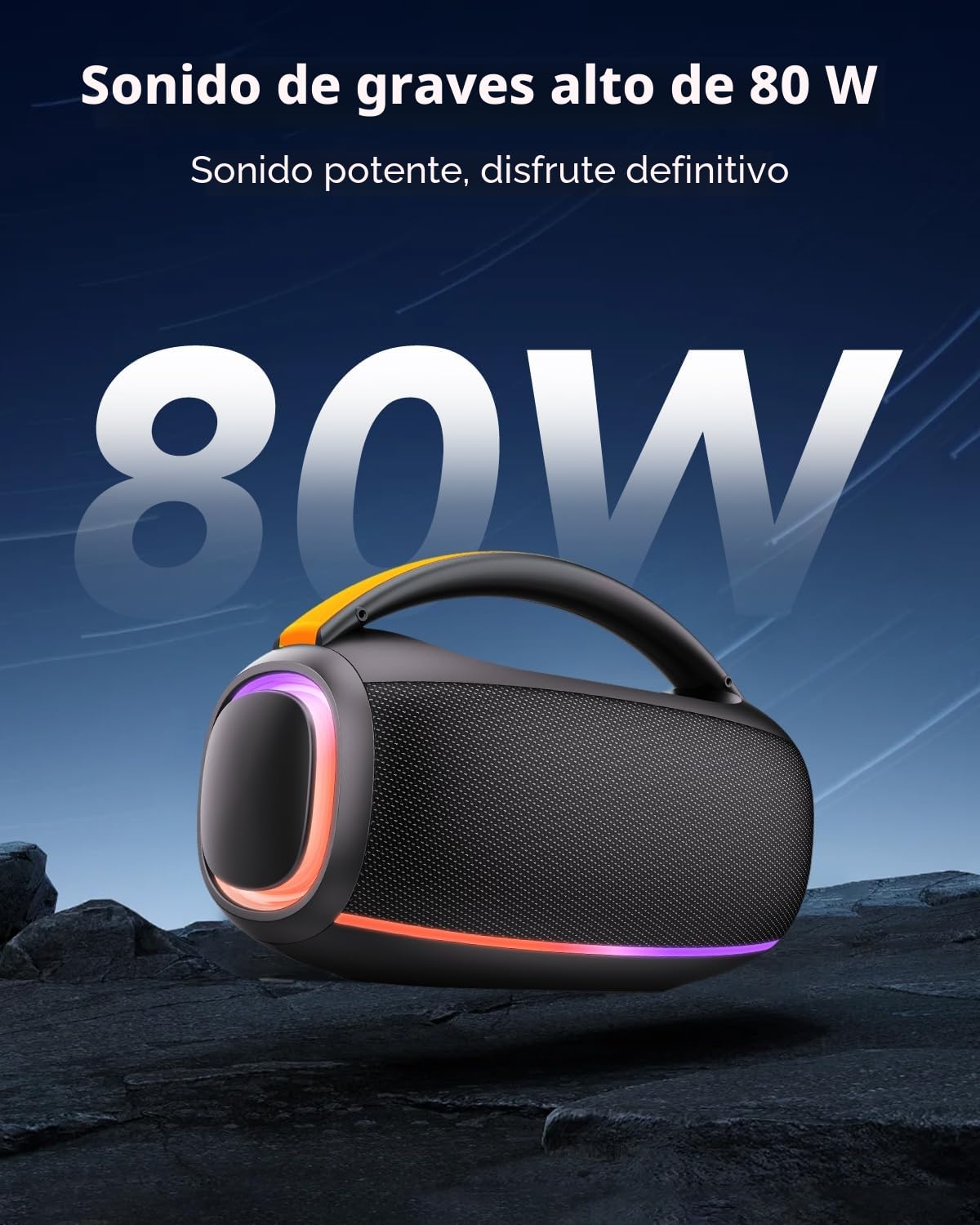 Bluetooth 5.4 Altavoz Bluetooth Potente 80W, Impermeable IPX7 Altavoces Portátil Potente con 8000mAh Batería, Sonido Estéreo, USB/RGB/TWS/AUX/TF, Speaker con 2EQ para Exterior, Negro Elegante