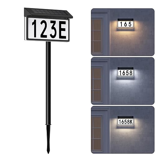 Solar Address Sign, Solar Lighted House Numbers for Outside, 3 Colors Waterproof Illuminated House Number Plaque With Stake, Wall Mounted or In Ground Solar Address Numbers for Yard Garden Street Home (Black, 1 Pack)
