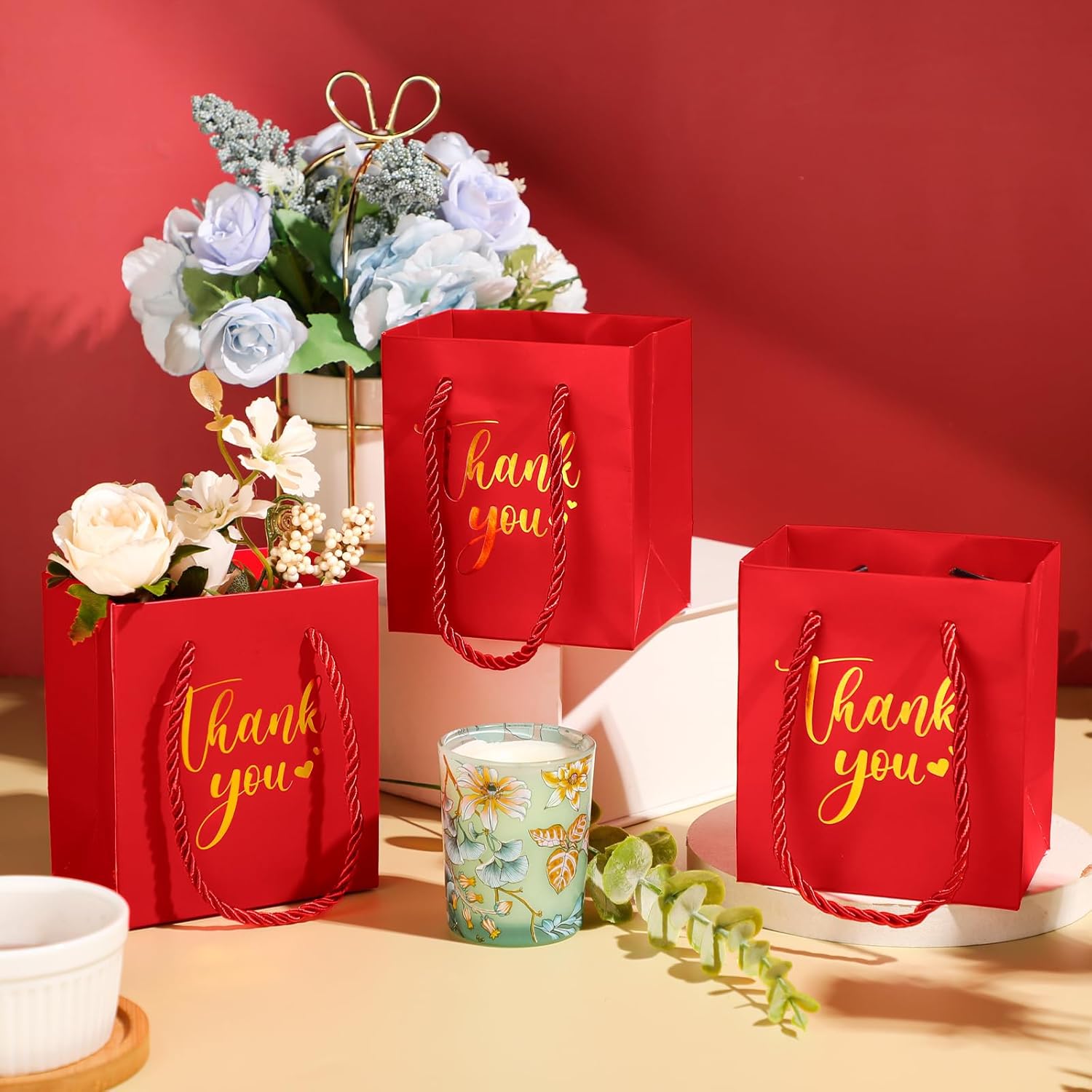 Honoson 30 Pcs Mini Gift Bag with Handle 4 x 2.75 x 4.5'' Small Thank You Bag Foil Paper Tote for Valentine's Day Wedding Baby Shower Birthday Graduation Party Favor Supplies(Red/Gold) - Image 2