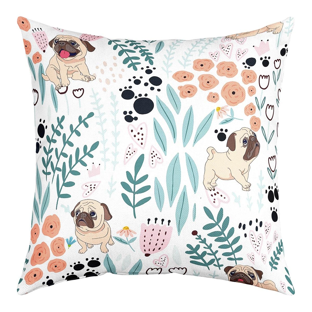 Homewish Zestaw 4 poszewek na poduszki z motywem psa kawaii, kreskówkowy mops, 45 x 45 cm, urocza miłość, serce, liść, kwiat, poszewki na poduszki dla dzieci, dziewcząt, chłopców, nadruk łap,