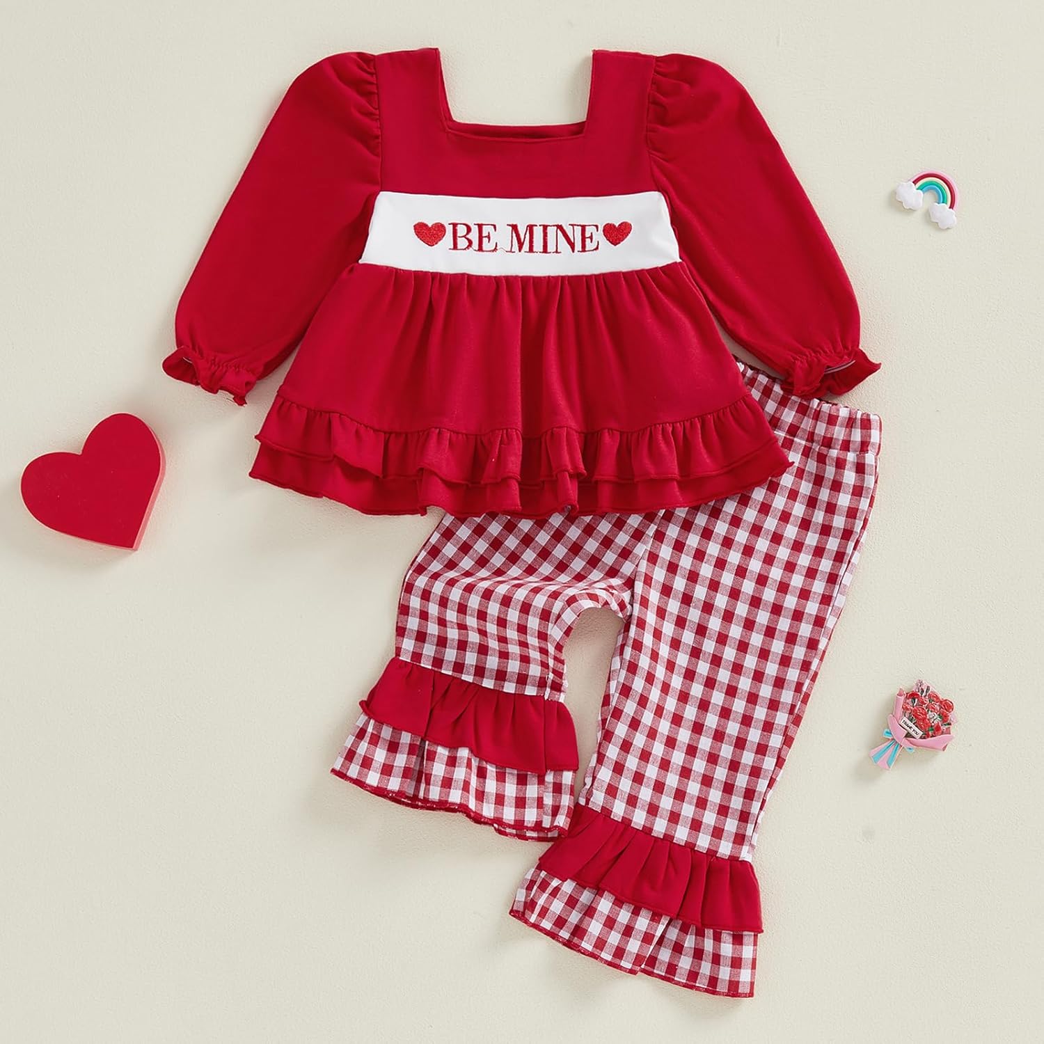 Toddler Girl Valentine Day Outfit Be Mine Long Sleeves Ruffle Top Plaid Flare Pants Set Little Girls Spring Clothes - Image 8