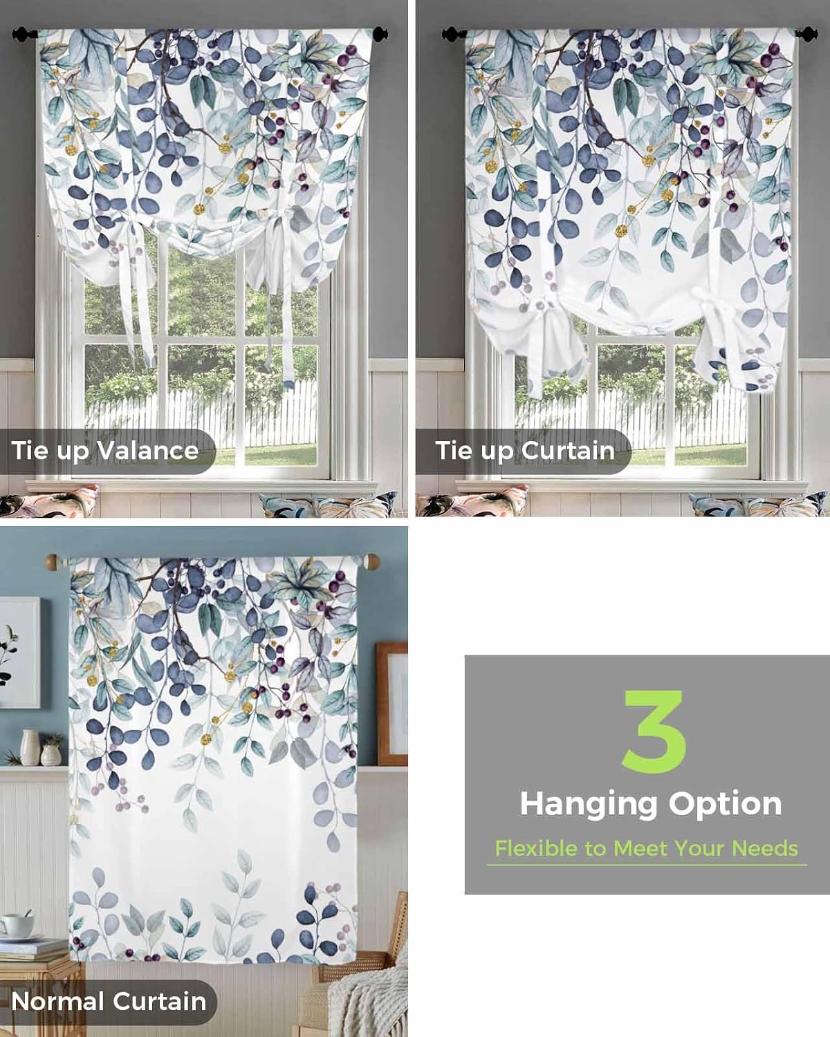 Blue Green Leaves Kitchen Window Shades Tie Up Curtains, Rustic Leaf Branches Balloon Curtain Valances for Windows, Funny Country Farmhouse Valance Drapes for Cafe, Living Room, Bedroom 34"x45"