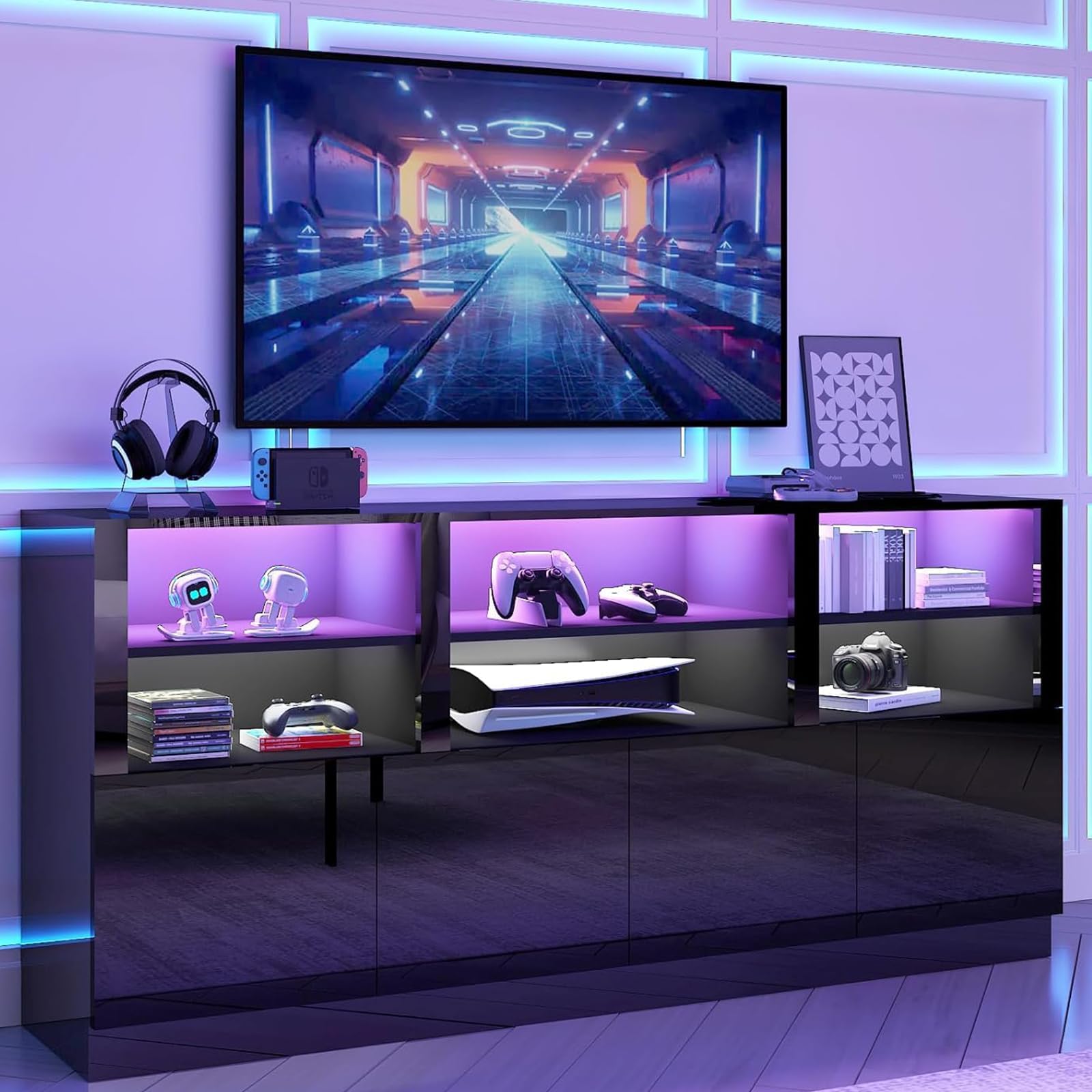 Bestier 70 Inch TV Stand with LED Light, Modern Gaming