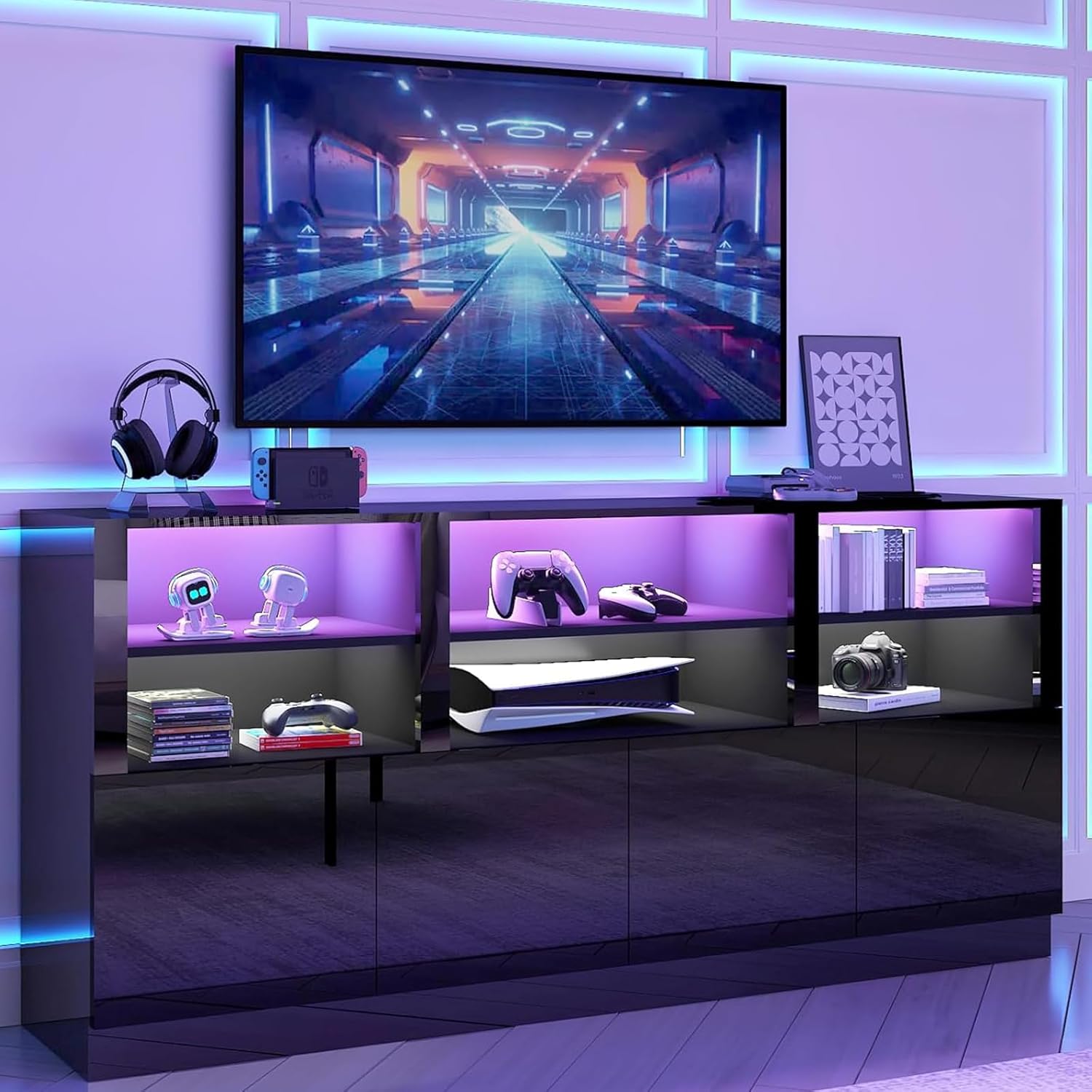 32'' Tall Black TV Stand for 65/75/80/85 Inch TVs with RGB LED Lights,Modern High Gloss Entertainment Center Cabinet Stands with Storage Shelves and Doors,TV Media Console Table for Living Room