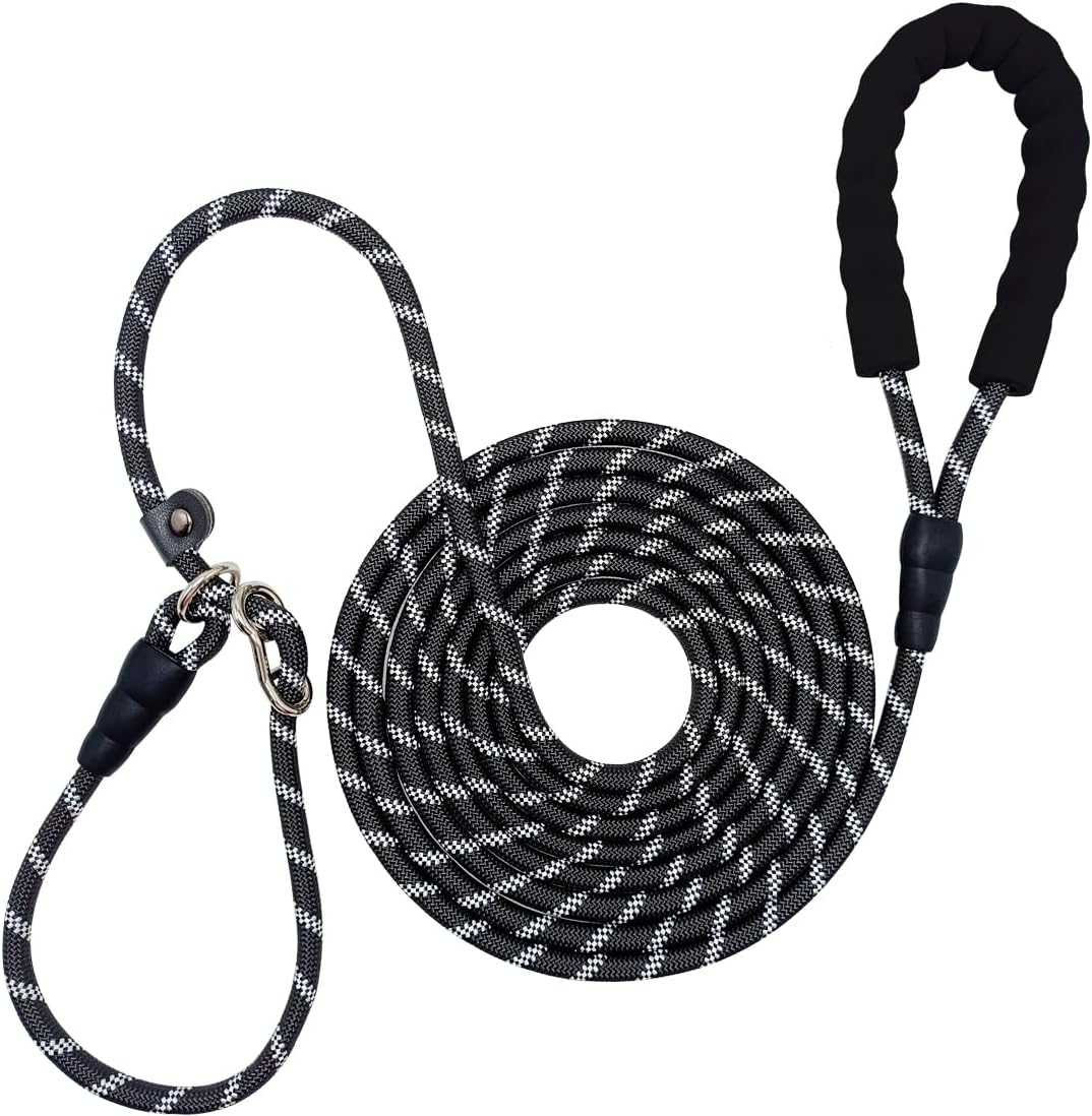 12FT / 20FT Anti-Choke Lengthy Coaching Lead, 3/8″ Thick Slip Lead Rope Leash with Comfy Deal with, Reflective Nylon No Pull Leash for Medium Giant Canine (12ft, Black)
