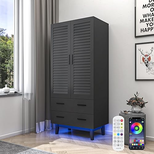 Hlivelood Armario de 2 puertas con cajones y luces LED, estantes de varios niveles, barra colgante y 2 puertas de rejilla, armario de almacenamiento