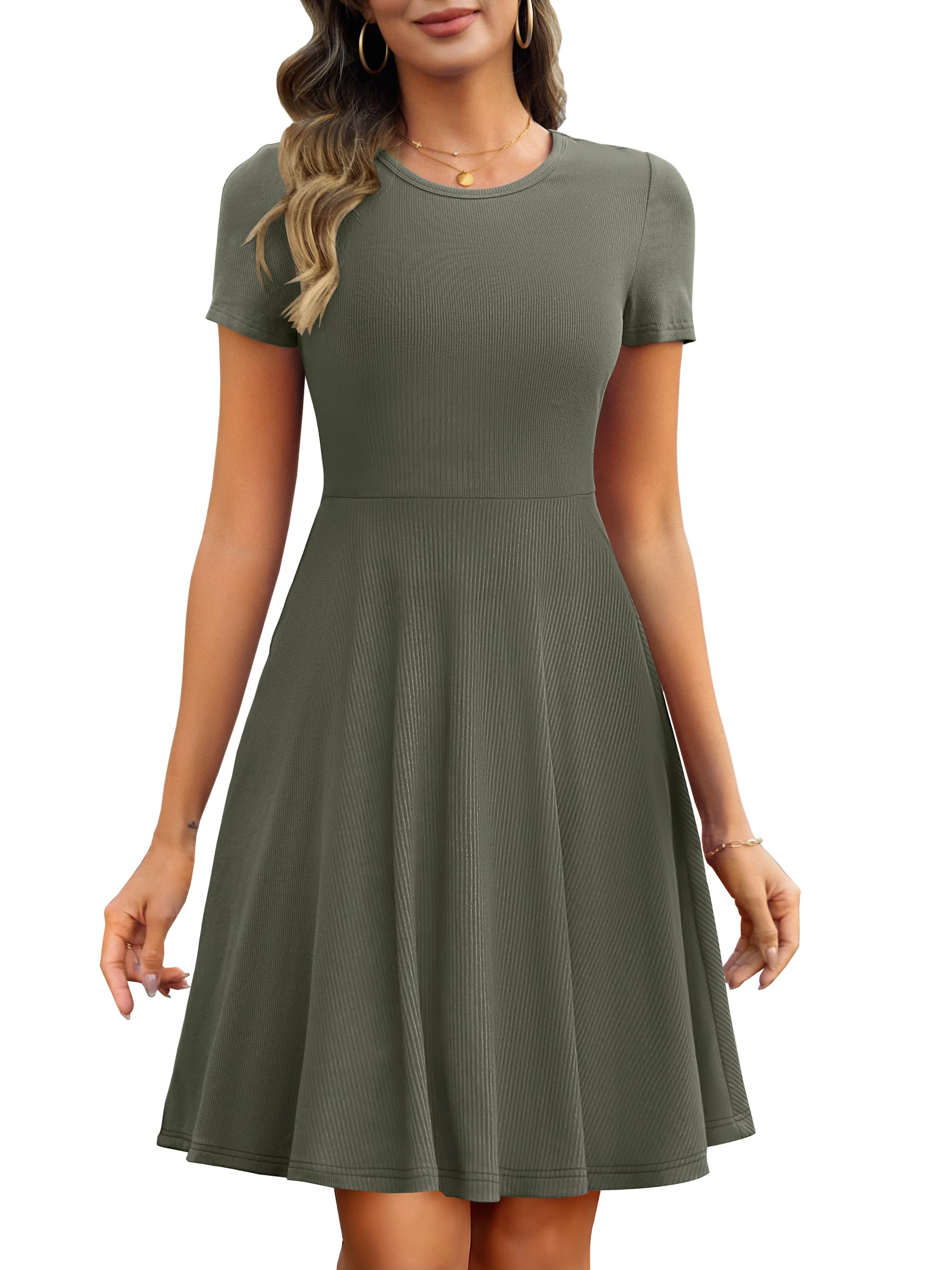 ANRABESS Women Summer Short Sleeve Ribbed Knit Fit & Flare A-Line Flowy Business Casual Work Basic Mini Dress with Pockets Army Green Small: Army Green Medium