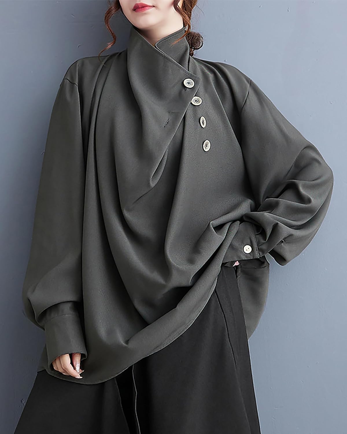 ellazhu Women's Coat Button Down Long Sleeve Pile Collar Flowy Hem Solid Loose Oversize Top GZ266 - Image 3