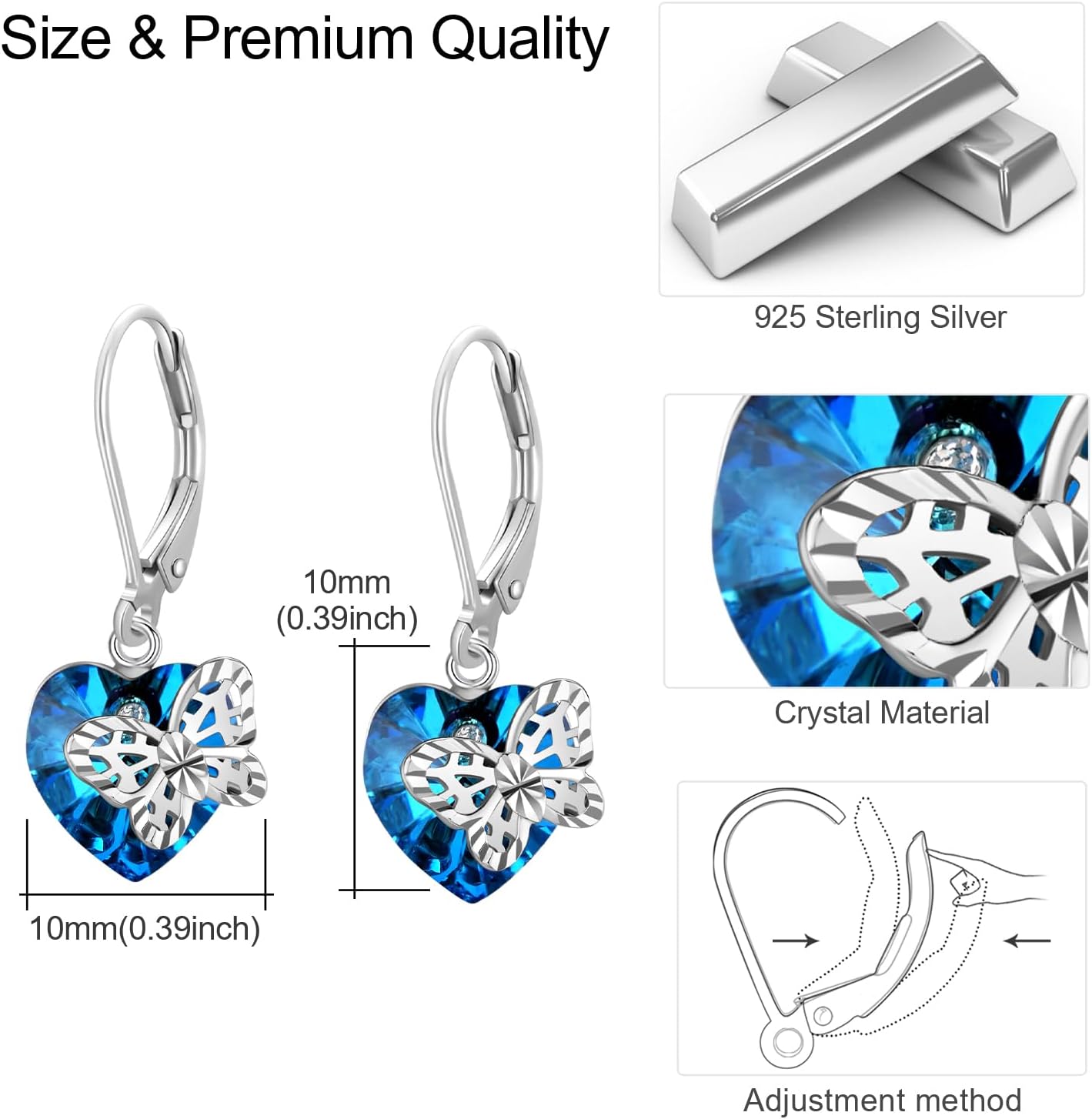 Butterfly Earrings S925 Sterling Silver Heart Crystal Earring Blue Dangle Leverback Earings Butterfly Crystal Jewelry for Women Sister Daughter Mother