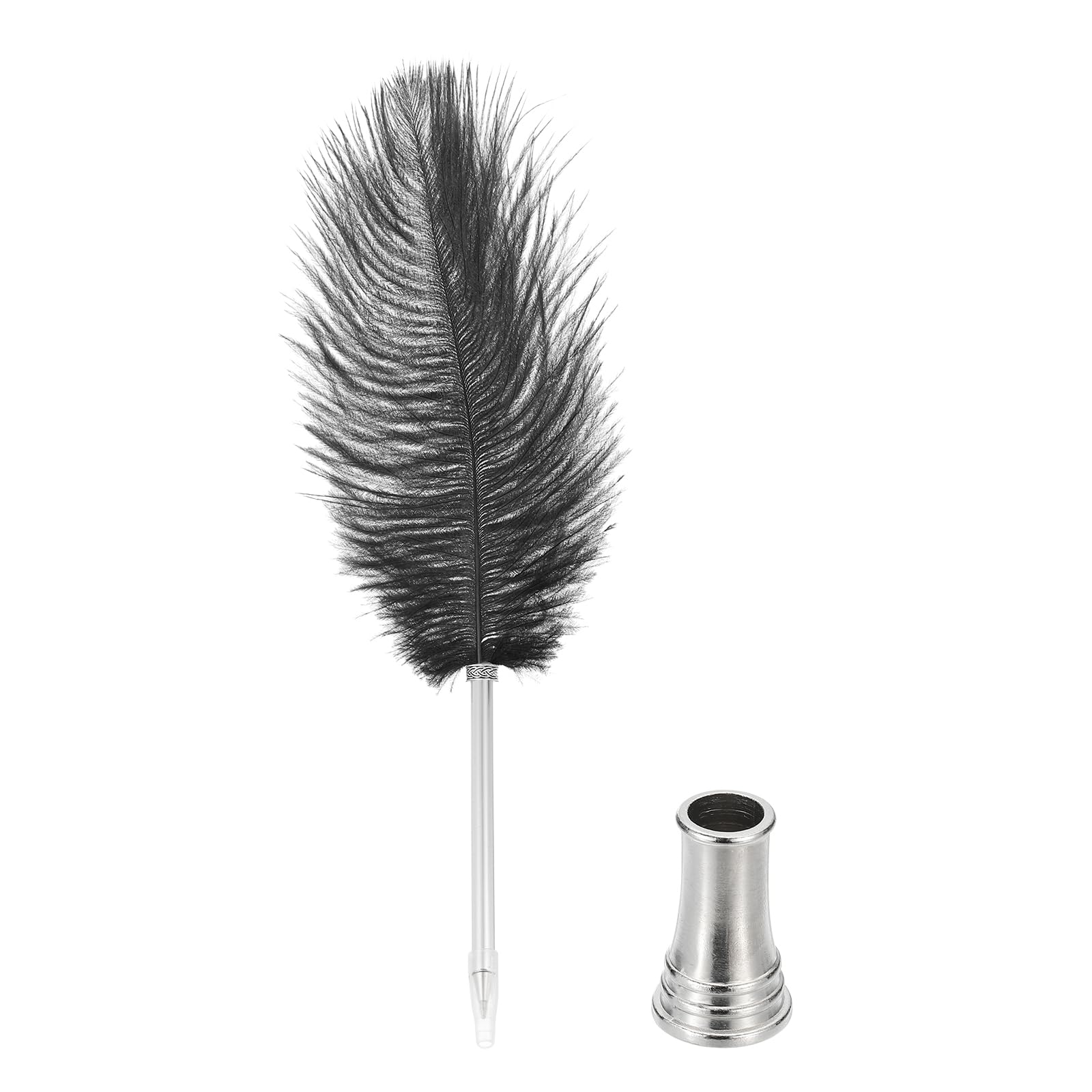 PATIKIL Feather Ballpoint Pen, 0.5mm Fluffy Vintage Ink Quill Pen Refined Plated Rod Quill Pen with Stand Holder for Calligraphy Writing Signature Guest Wedding Gift, Black