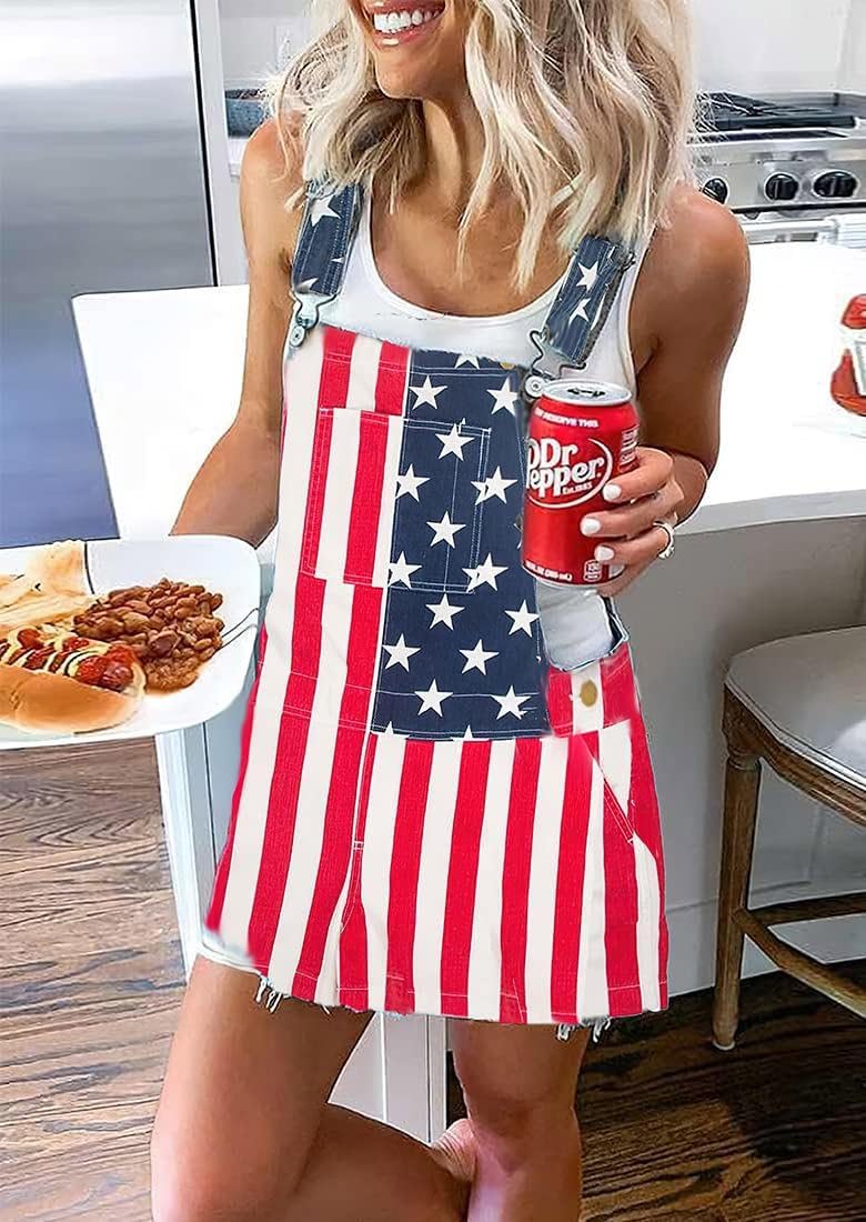 ebossy Women s Classic US Flag Midi Denim Dress Adjustable Straps Slim Frayed Raw Jean Dresses Bib Overalls
