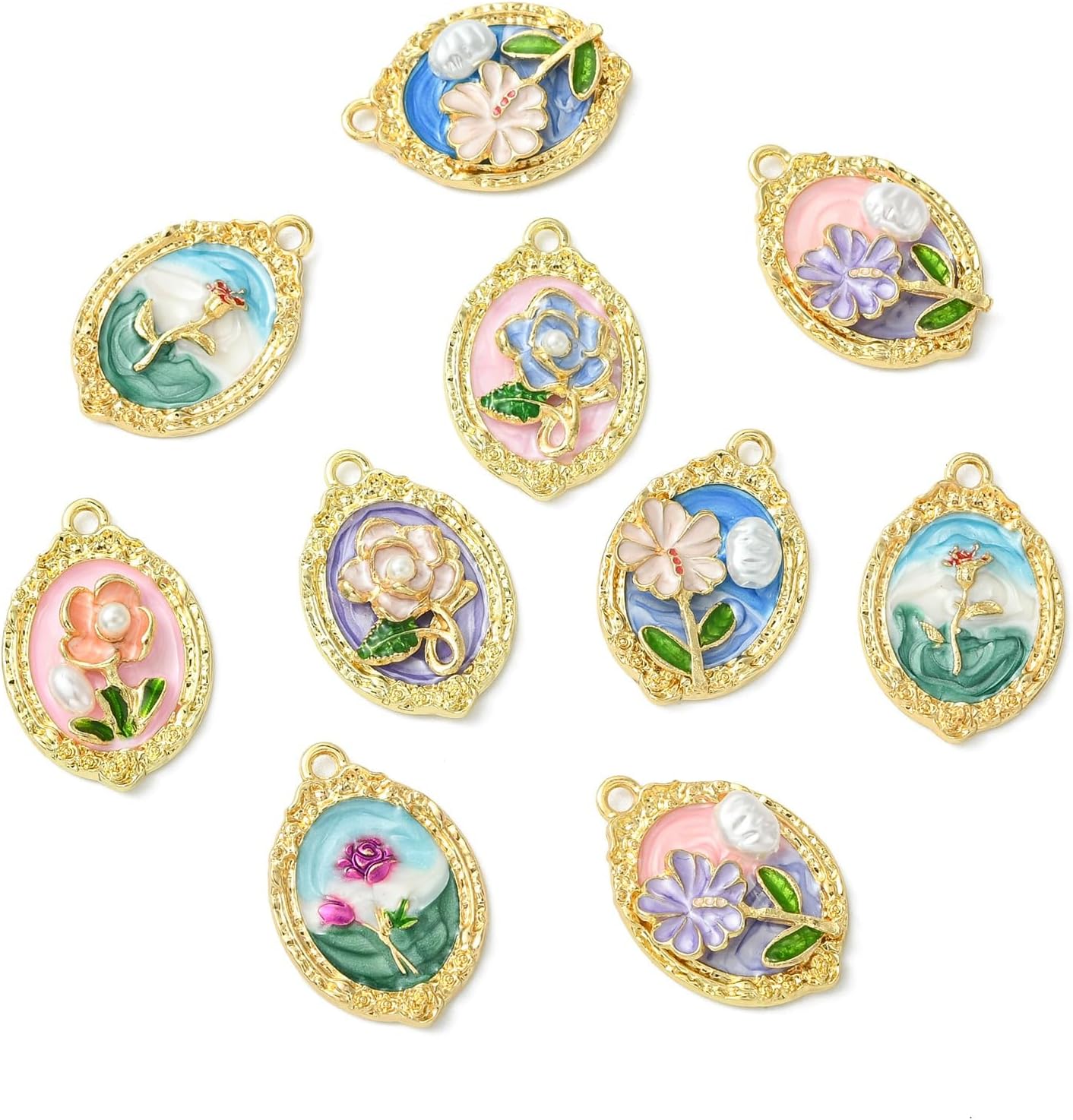 KitBeads 14Pcs 7 Styles Flower Painting Charms Oval Vintage ABS Pearl Flower Charms for Bracelets Making Necklaces Keychains Crafts Bulk - Image 8