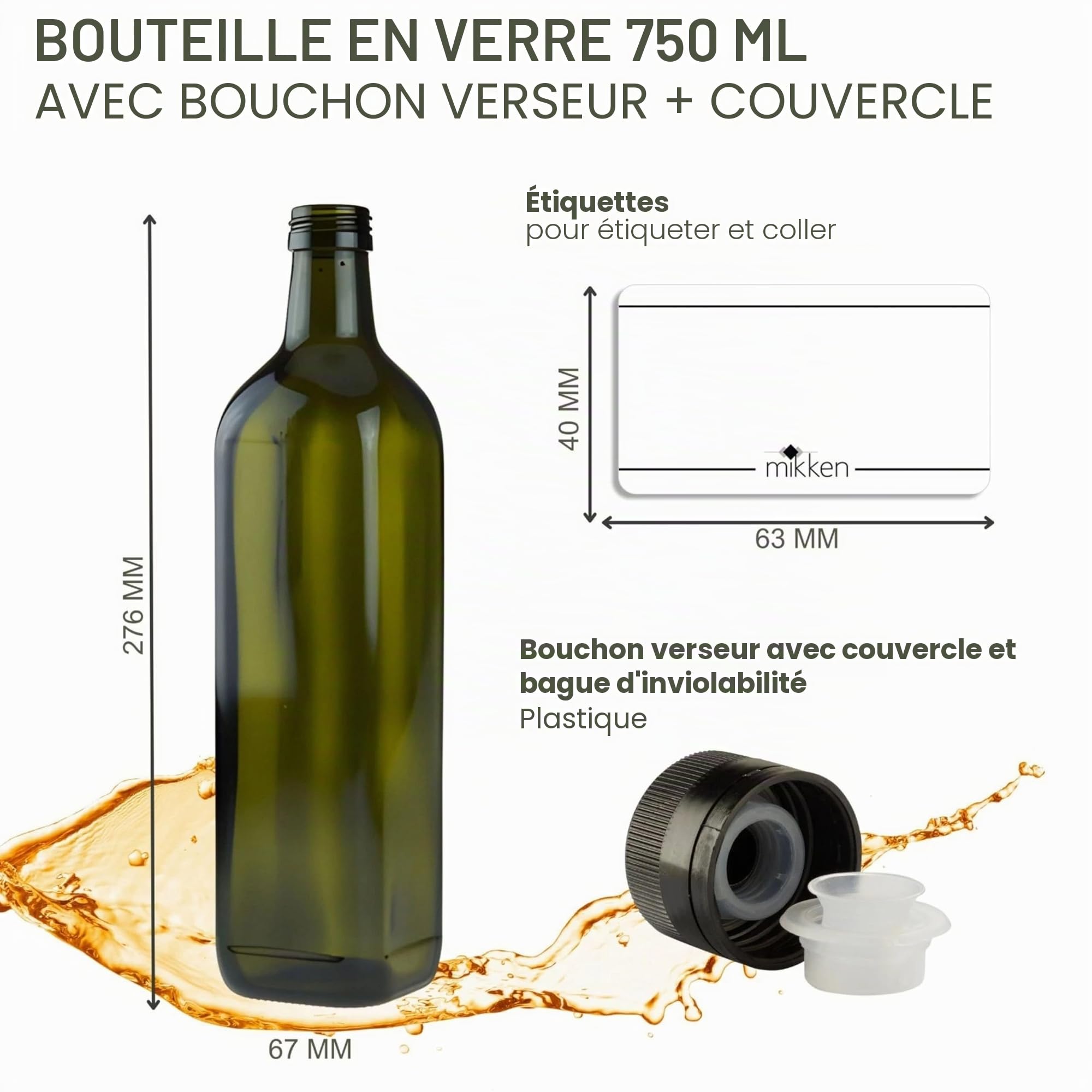 mikken Lot de 6 bouteilles d'huile de 750 ml avec bec verseur, vert/marron, bouteille en verre avec doseur et étiquettes