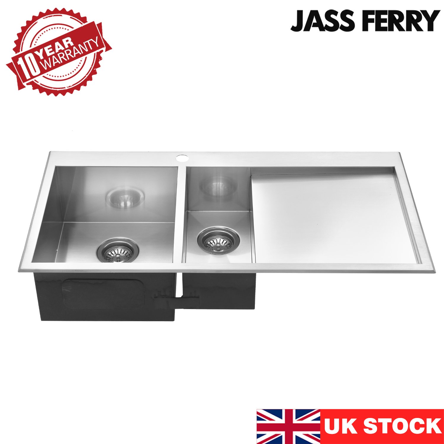 JASS Ferry - Lavello da cucina in acciaio INOX di alta qualità, spessore 1,2 mm, realizzato a mano, 1,5 ciotole, scolapiatti a destra con filtro per tubi di scarico