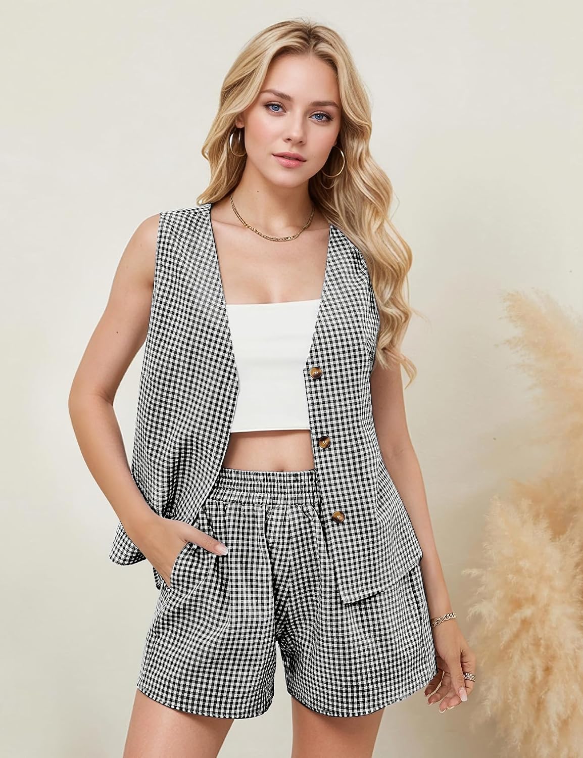 PEHMEA 2 Piece Sets for Women Summer Outfits 2025 Sleeveless V-Neck Gingham Vest and Shorts for Beach Vacation Travel Casual
