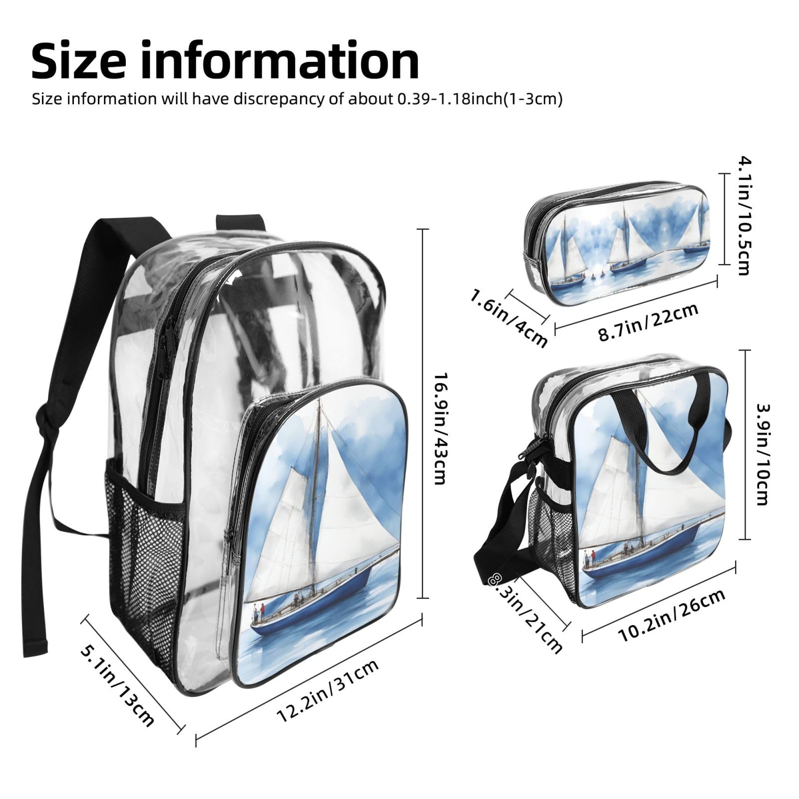 Blue Sailboat 1 Zaino Stampato Set 3 in 1 Trasparente Borsa Set Per Scuola Lavoro Stadio Eventi E Trasporto quotidiano