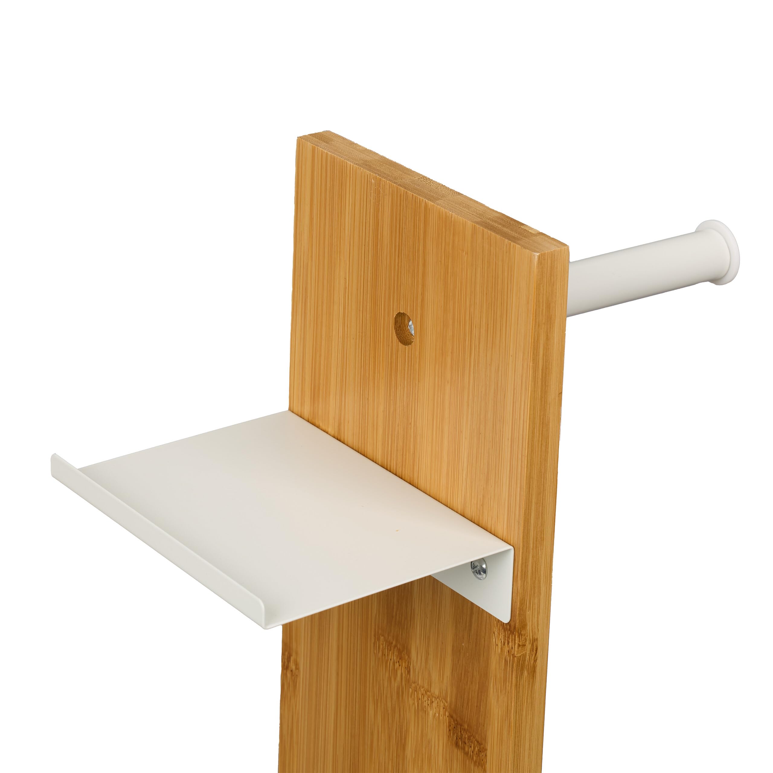 Relaxdays Escobillero y Portarrollos Baño, Bambú, 68x27x18 cm, Balda, Vertical, Escobilla con Soporte, Blanco/Natural, Hierro, Plástico
