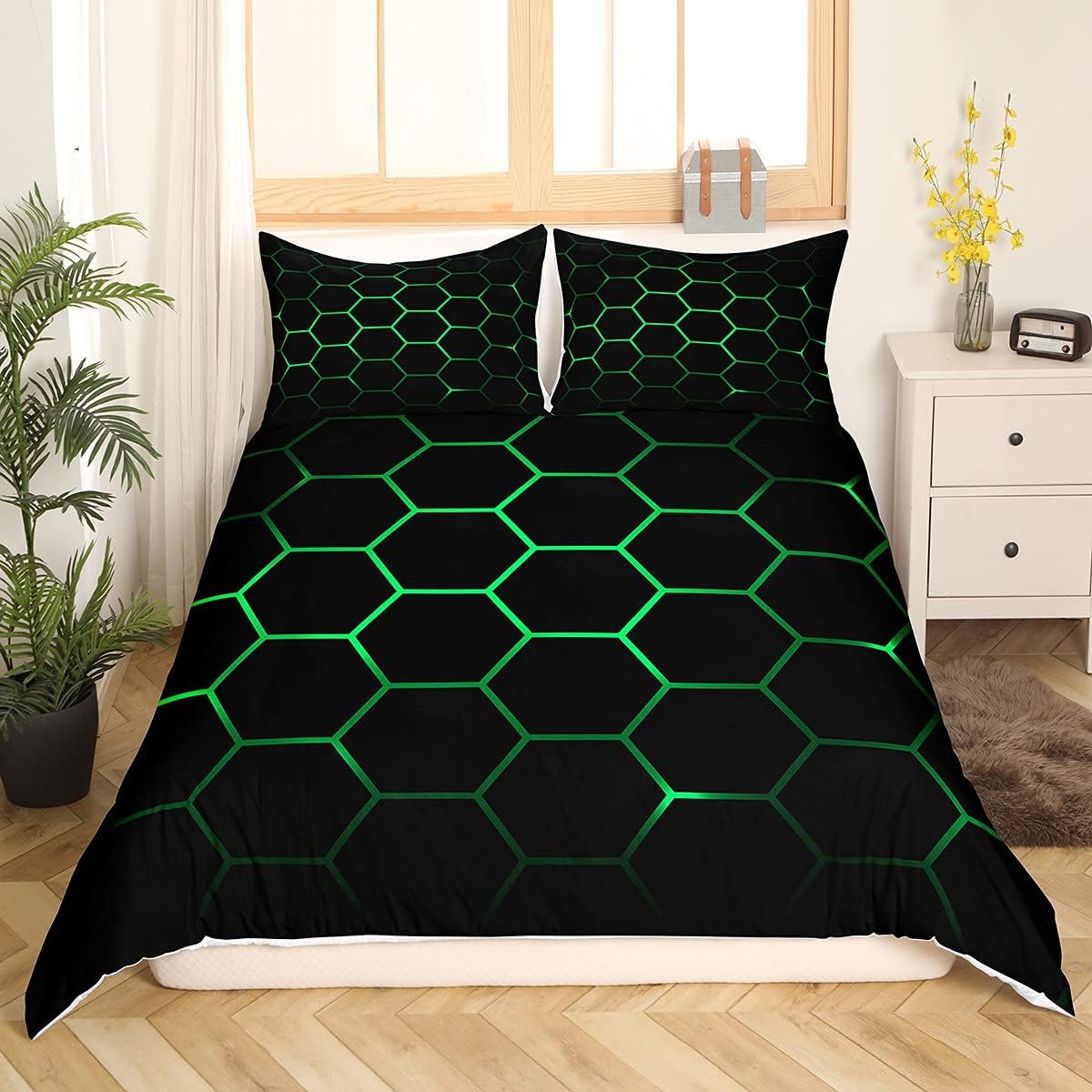 Hexagonal Bedding Set 3D Geometric Honeycomb Duvet Cover for Kids Boys Girls Luxury Beehive Hexagon Comforter Cover Neon Green Black Decor Bedspread Cover Bedroom Collection 3Pcs Queen Size