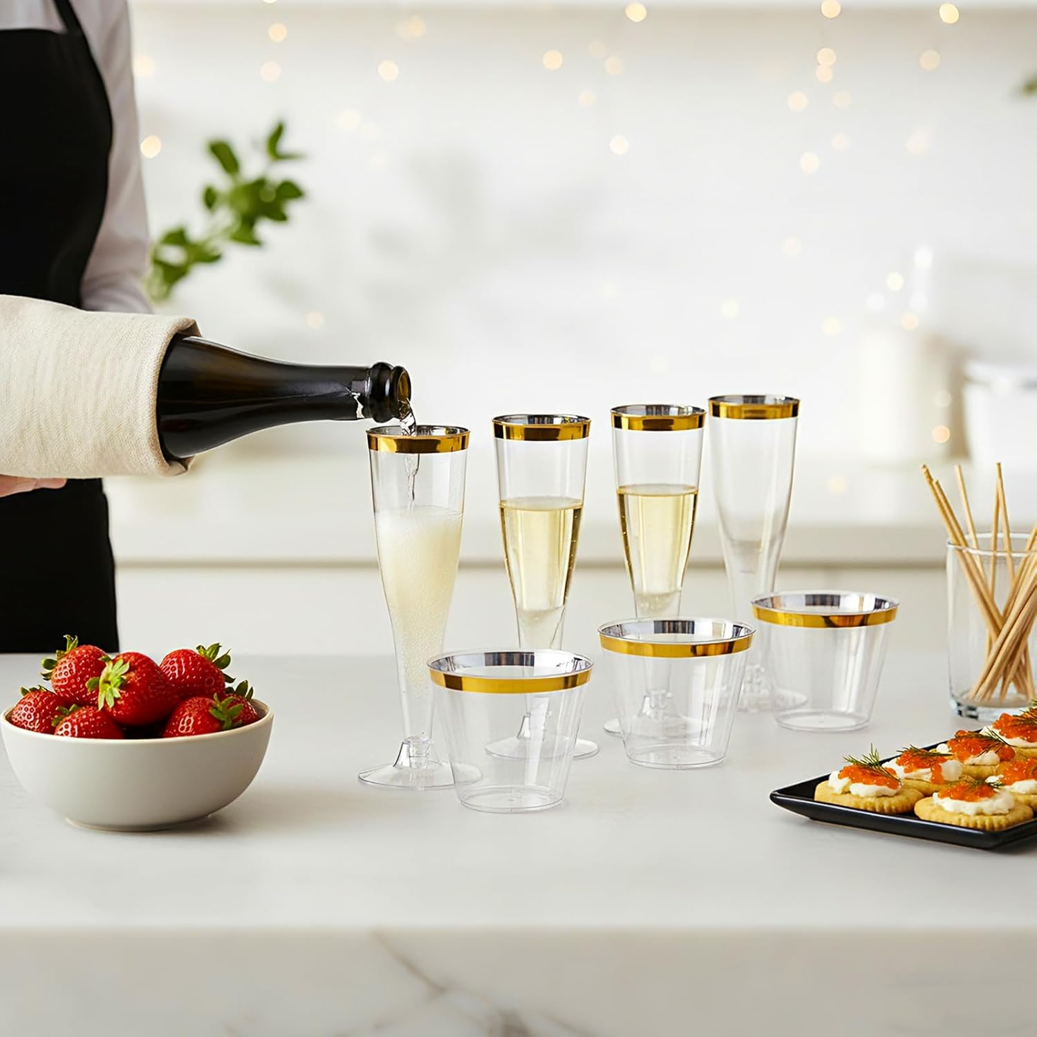 160 Count Plastic Champagne Flutes and Cups Set, 60 Pcs 4.5 oz Gold Rim Disposable Champagne Flutes 100 Pcs 9 oz Gold Rimmed Disposable Glasses for Wedding Baby Shower Birthday (Stylish) - Image 5