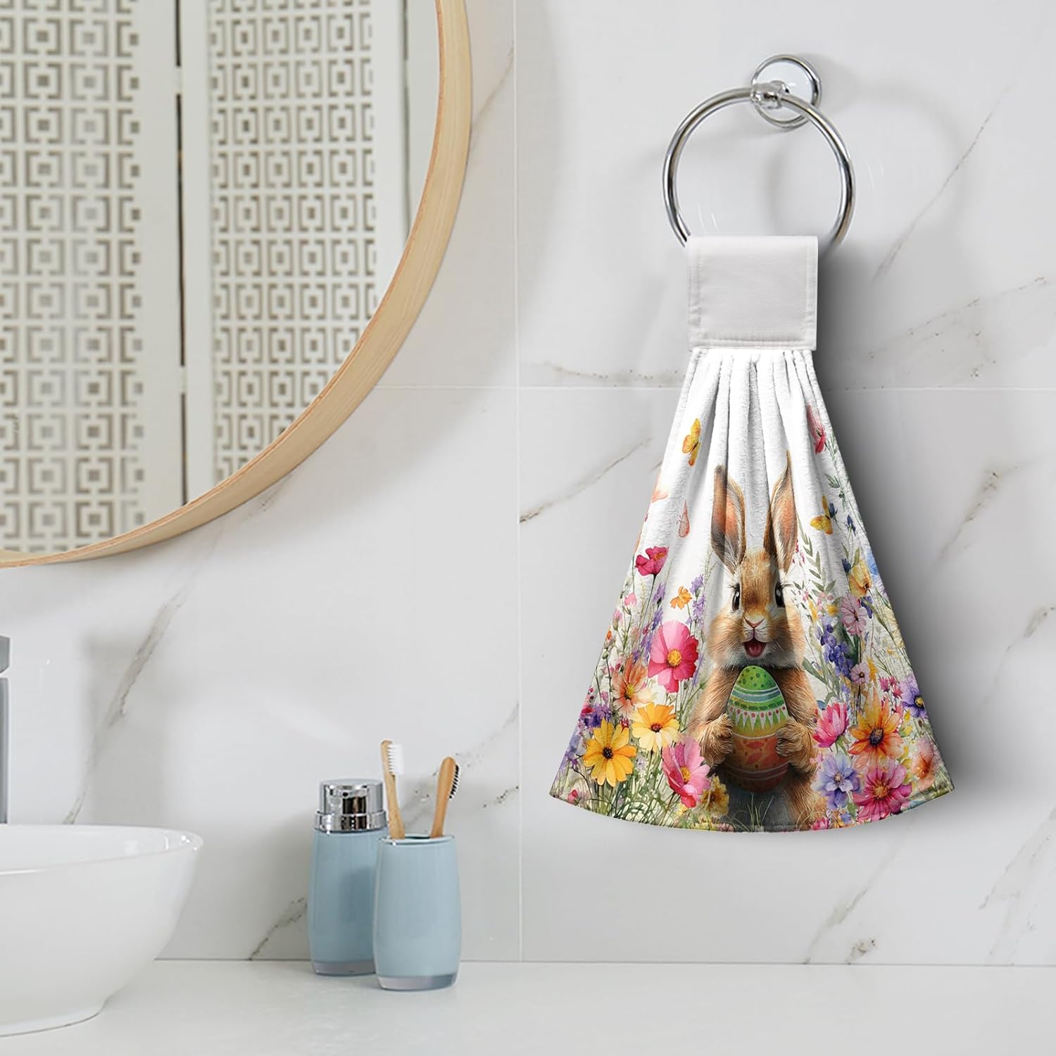 Spring Easter Hanging Kitchen Towels Easter Bunny Rabbit Eggs Flowers Hand Towel with Hanging Loop Watercolor Floral Rabbits Dish Tie Towels Super Absorbent Soft Fast Drying Bath Towel for Bathroom - Image 2