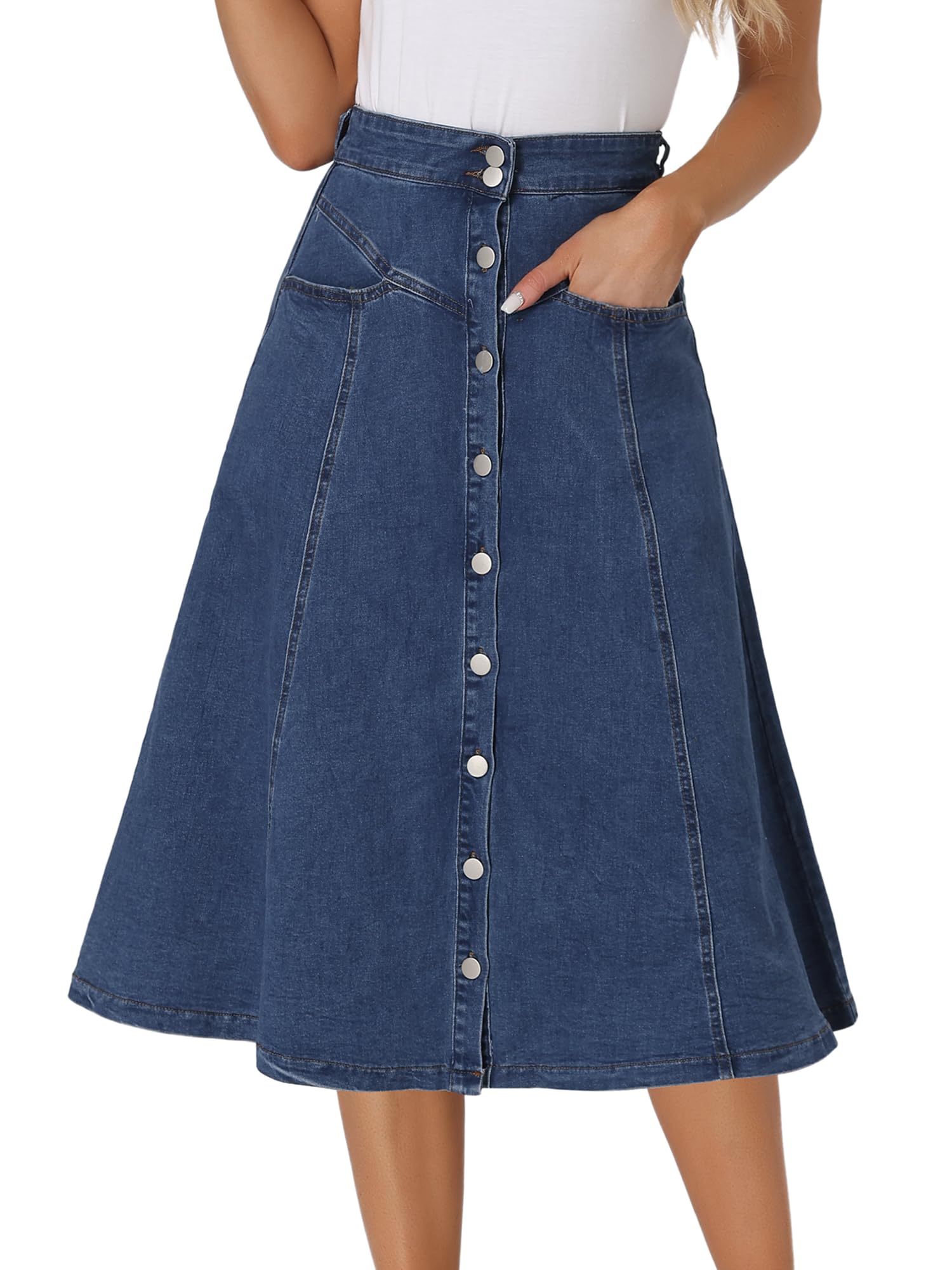 Allegra K Jupes Mi-Longues en Jean Femme Coupe Trapèze Fluides Jupe Boutonné à Taille Haute Extensibles avec Poche