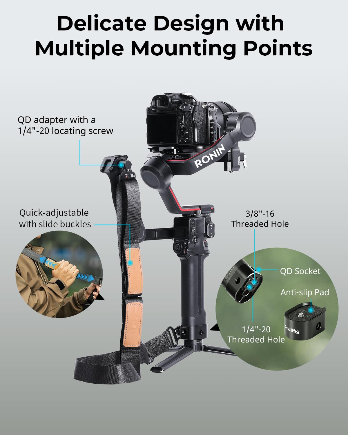 SMALLRIG Gewichtsreduzierender Schultergurt, Sling-Griff für DJI, Gimbal-Gürtel mit Verbesserten QD-Schnallen für RS 4 / RS 4 Pro/RS 4 Mini/RS 3 / RS 3 Pro/RS 3 Mini/RS 2, Schwarz - 5362