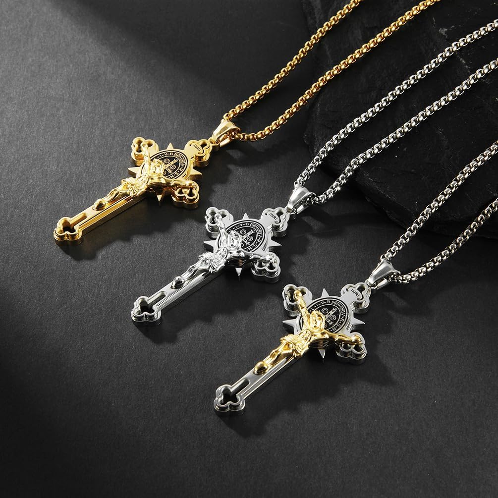 Stainless Steel Saint St. Benedict Crucifix Cross Pendants Necklace INRI Religion Jewelry with Chain - Image 6