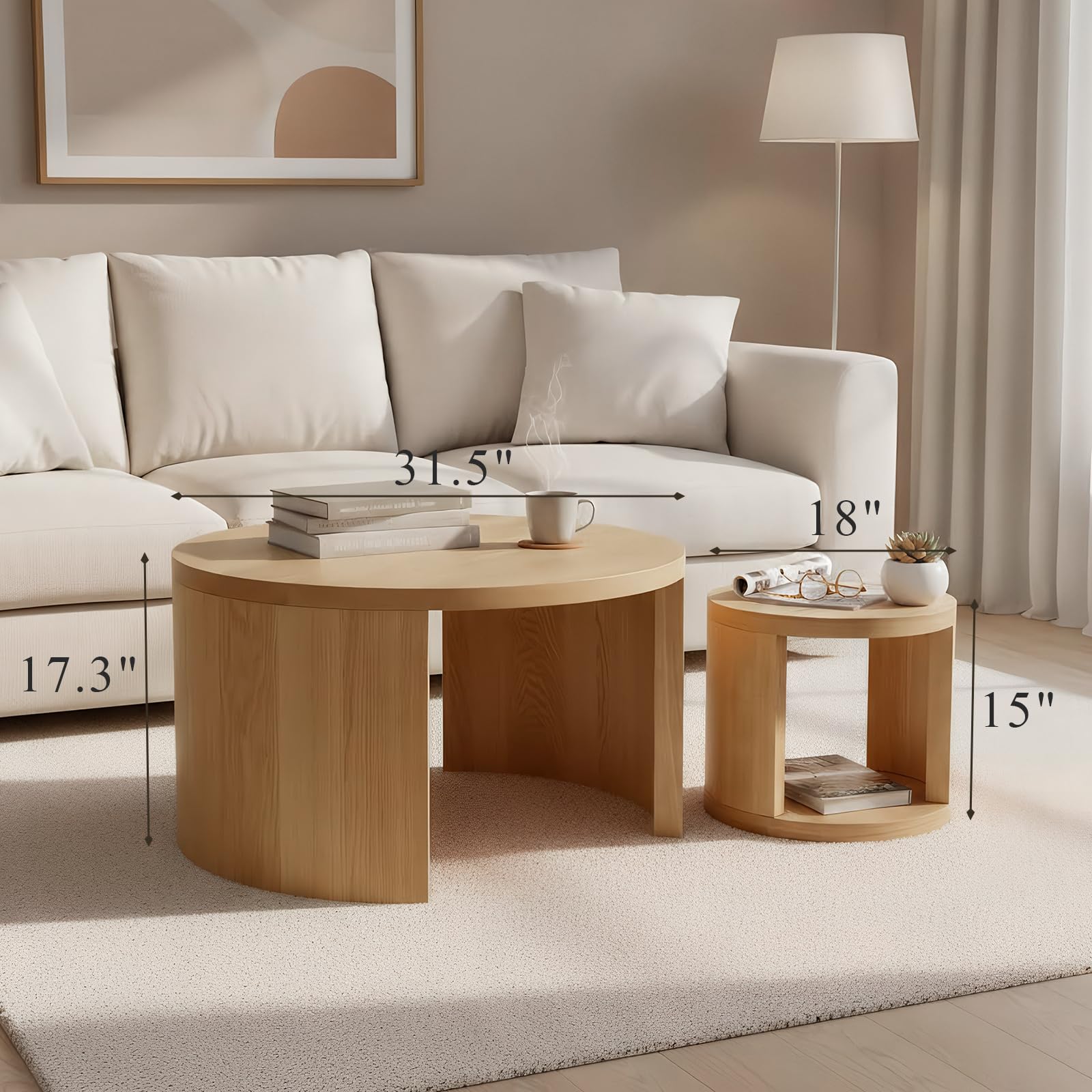 Couchtisch rund 2er Set, Flache Platte, Ø80/46cm, Natur | Wohnzimmertisch rund, Satztisch, Couchtisch Set, platzsparend ineinanderschiebbar, flexibel einzeln oder zusammen nutzbar