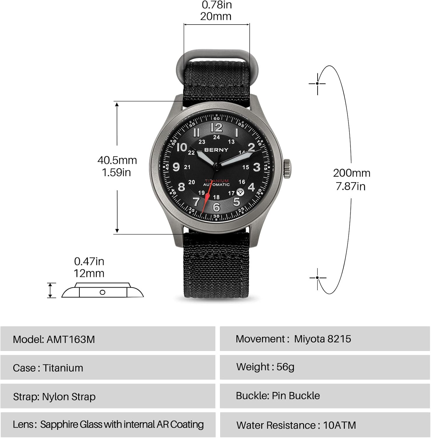 BERNY Automatic Titanium Watch for Men 10ATM Waterproof Men's Field Watch Super Luminous Male Analog Mechanical Military Wrist Watch AR Sapphire Crystal Date Calender Birthday Present - Image 6
