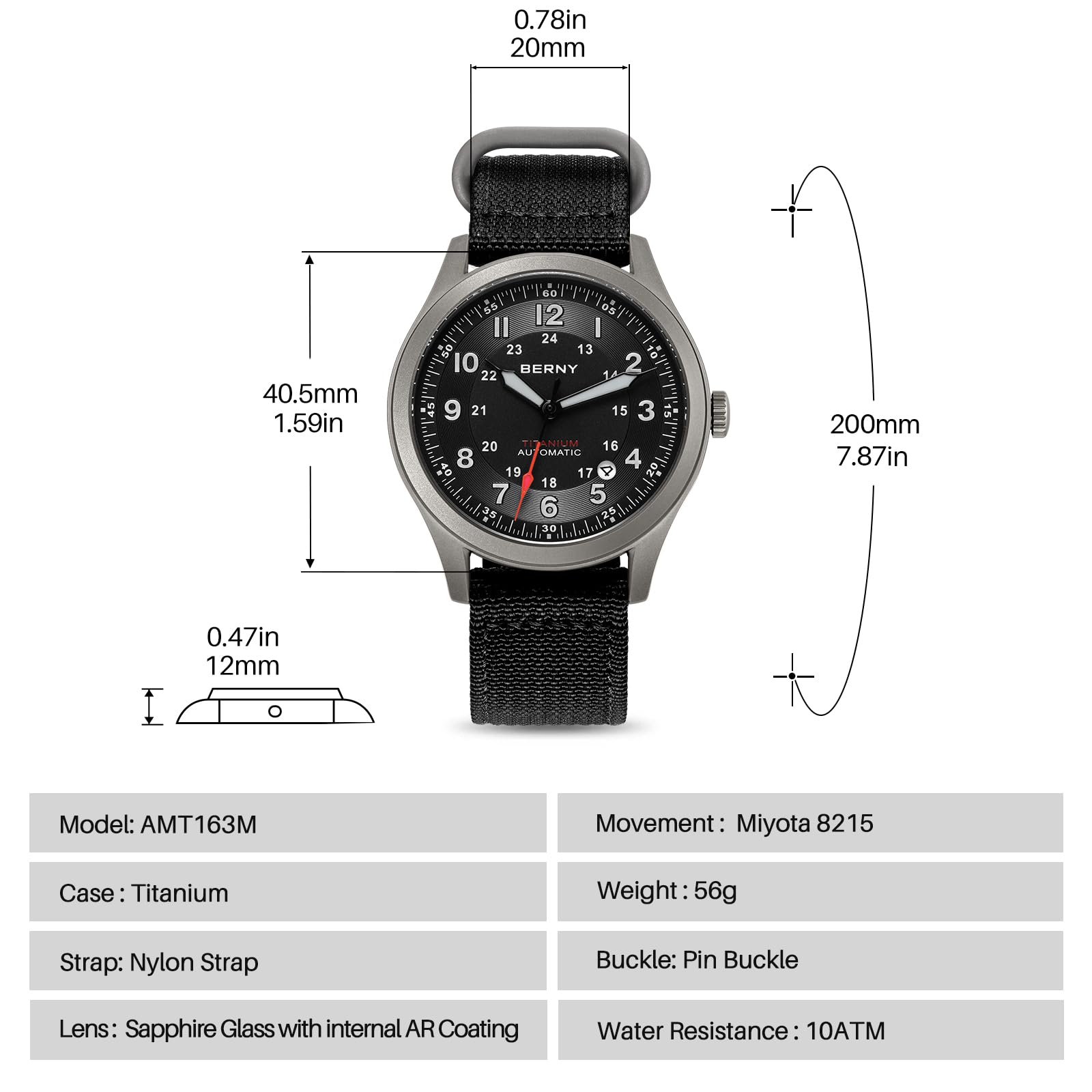 BERNY Titanium Herrenuhr Automatische Armbanduhr Super Leuchtkraft 10ATM Wasserdicht