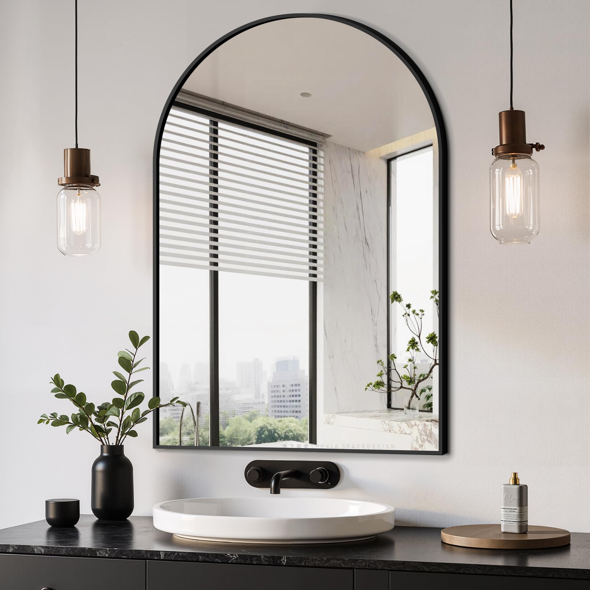 Delma Arched Bathroom Mirror 24x36 Wall Mounted Vanity Mirror for Bedroom Living Room and Entryway Black