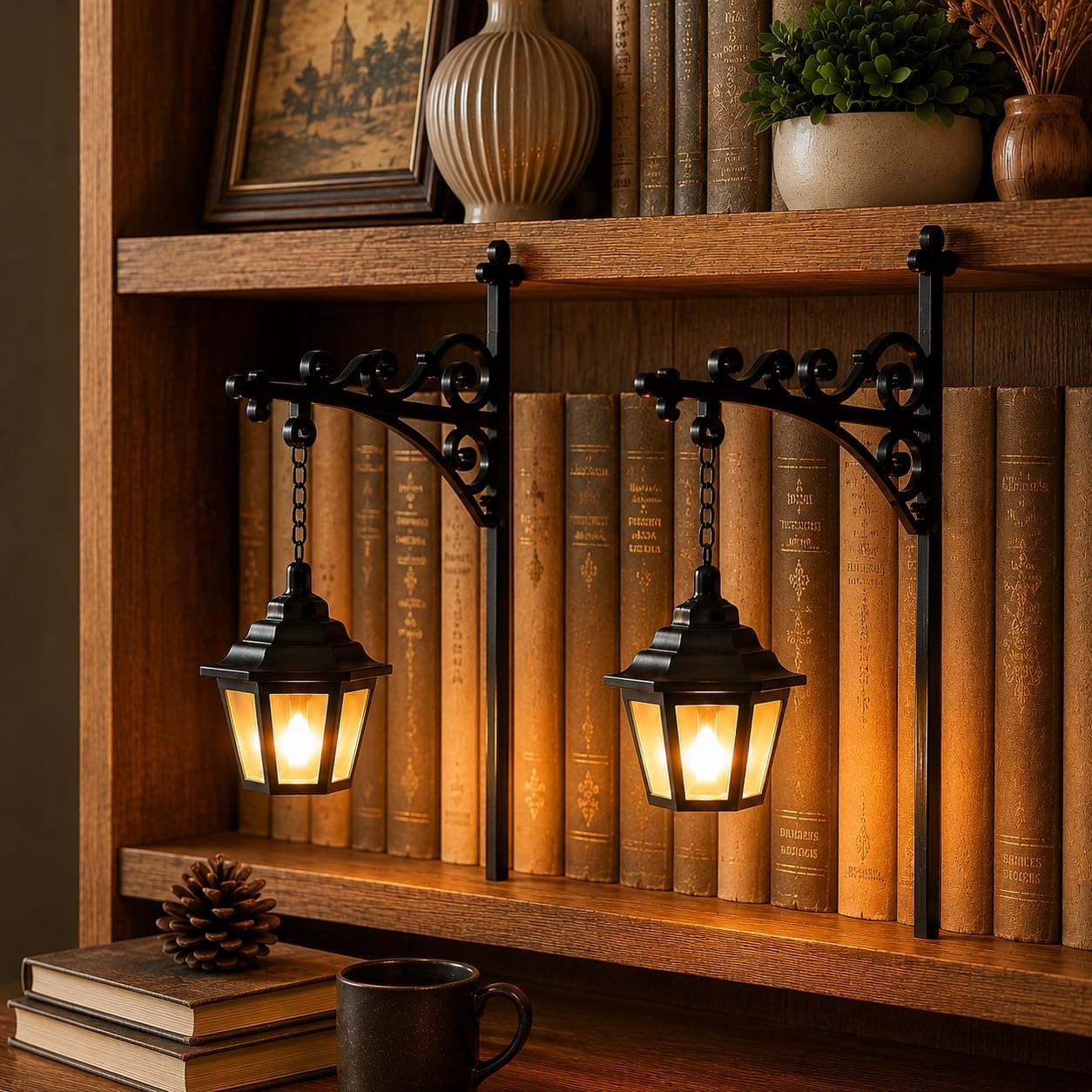 Kdely Library Lantern Mini Bookshelf Lamp, Hanging Vintage LED Book Nook Light(Lantern*2)