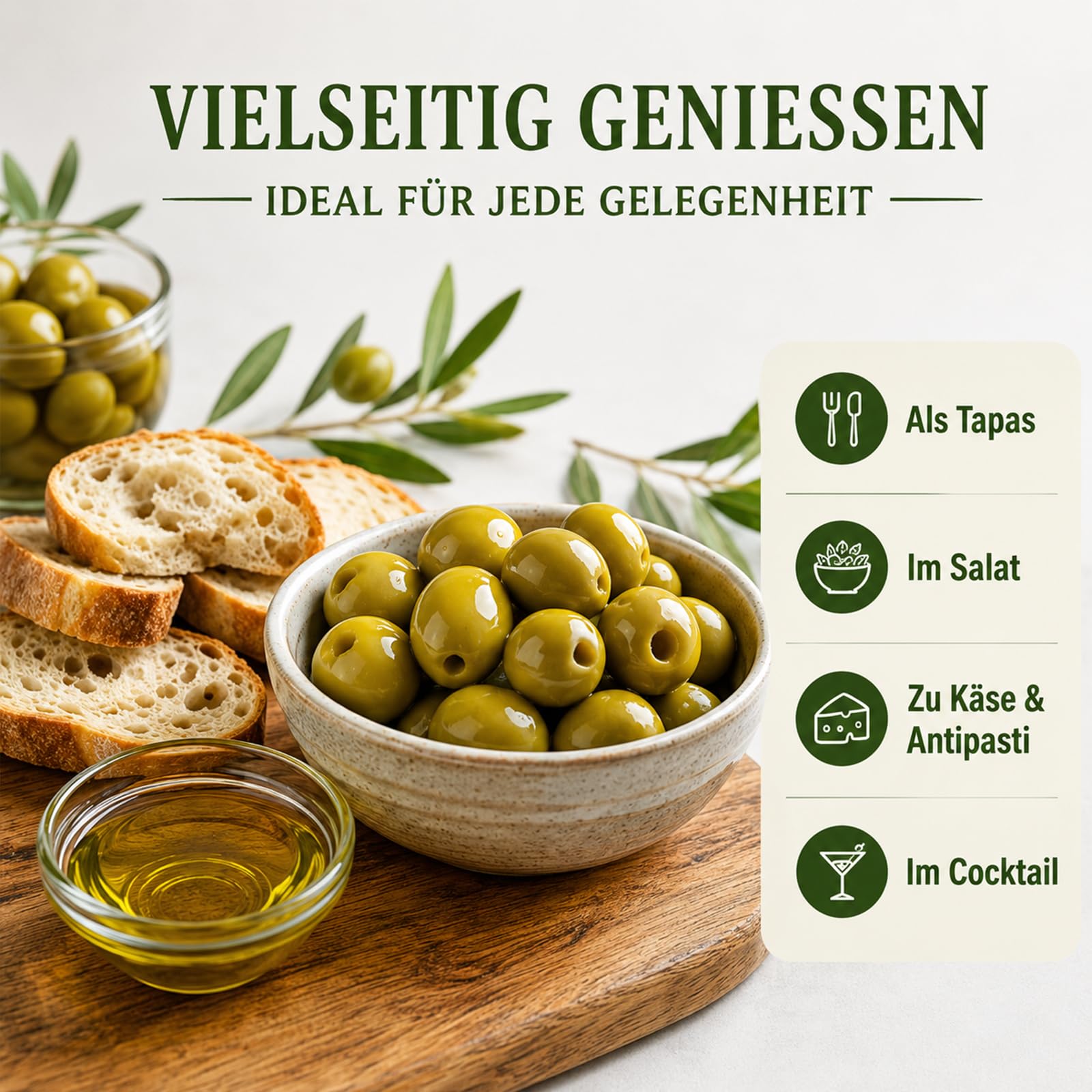 Feinkost Dittmann Oliva Manzanilla Oliven 10er Pack | Grüne spanische Premium Oliven ohne Stein – ideal für Antipasti, Salate, Tapas & mediterrane Küche
