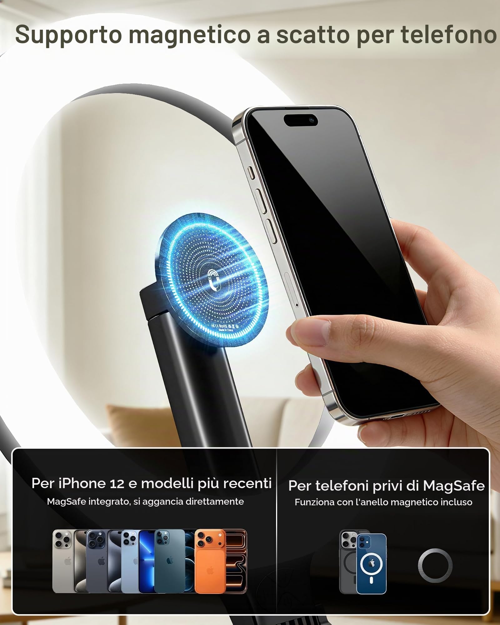NiceVeedi Luce ad anello da 25,4 cm per registrazione video, 5000 mAh, pieghevole, per selfie, con supporto e supporto magnetico per telefono, luce halo per videoconferenze, per live streaming