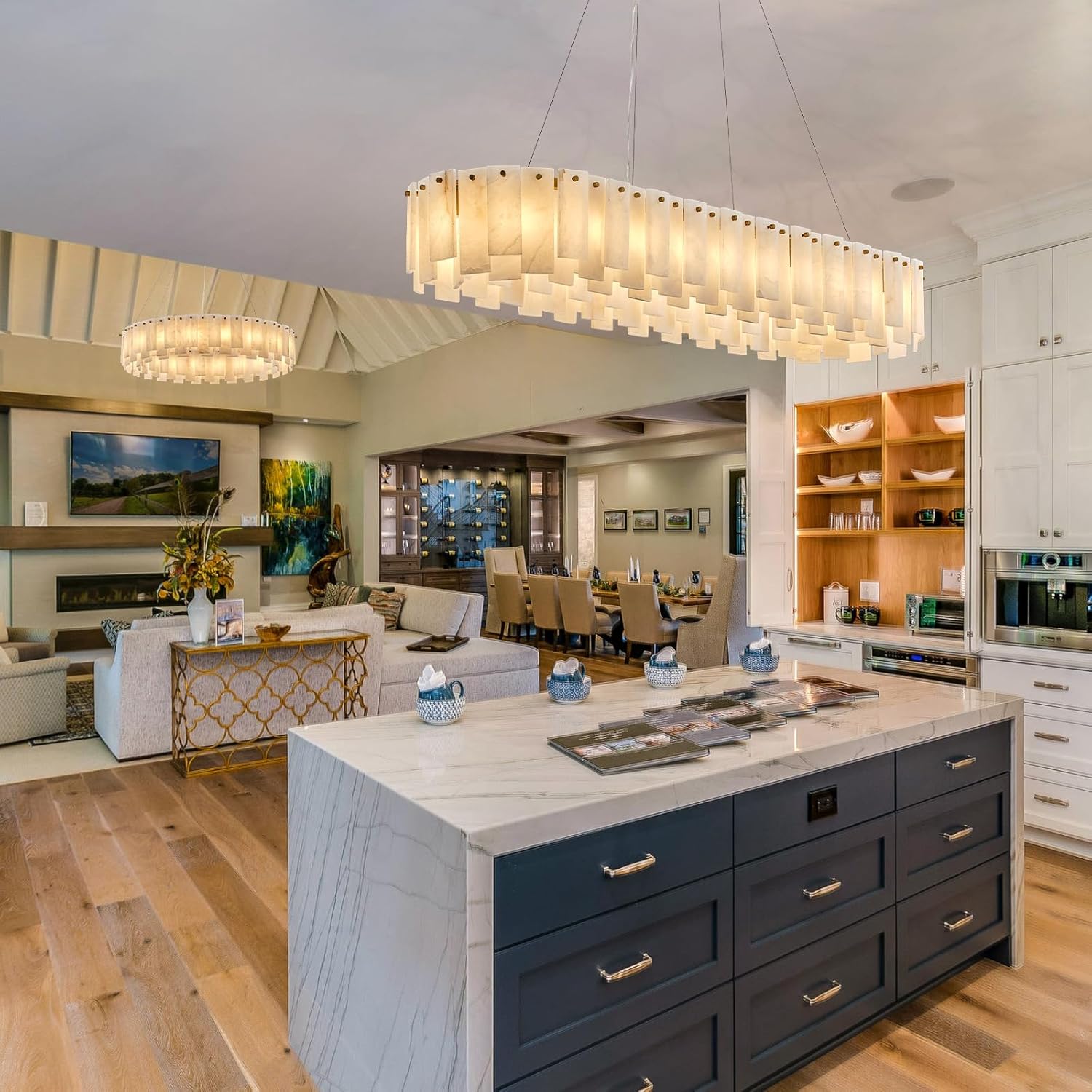 Alabaster Rectangular Chandelier for Dining Room, L47.2in Gold Large Chandeliers, Marble Modern Pendant Light Fixture for Living Room, Kitchen Island, Bedroom,Dining Table