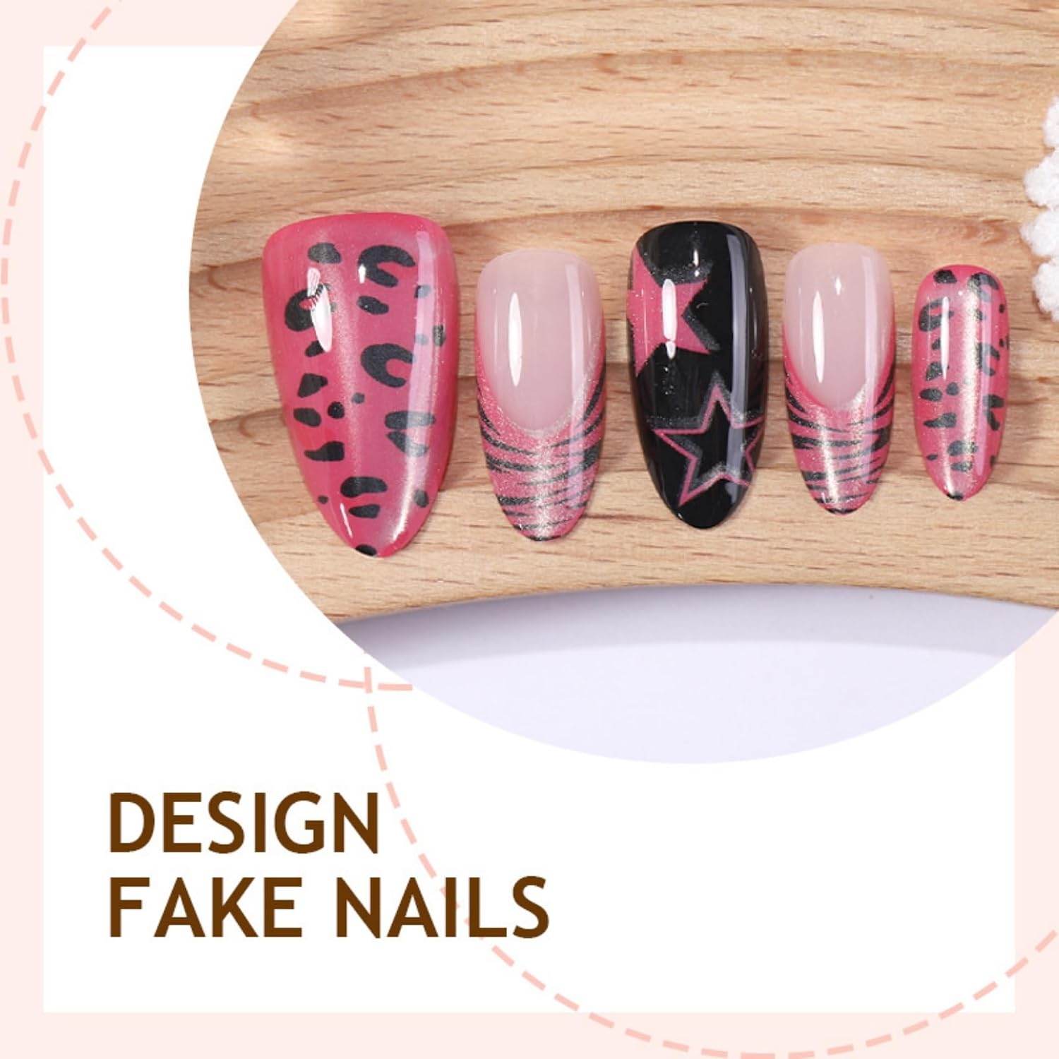 Medium Press on Nails Almond Fake Nails Black and Pink Acrylic Nail Press Ons Stars lankensuixi zebra-stripeand Leopard Stick on Nail for Women