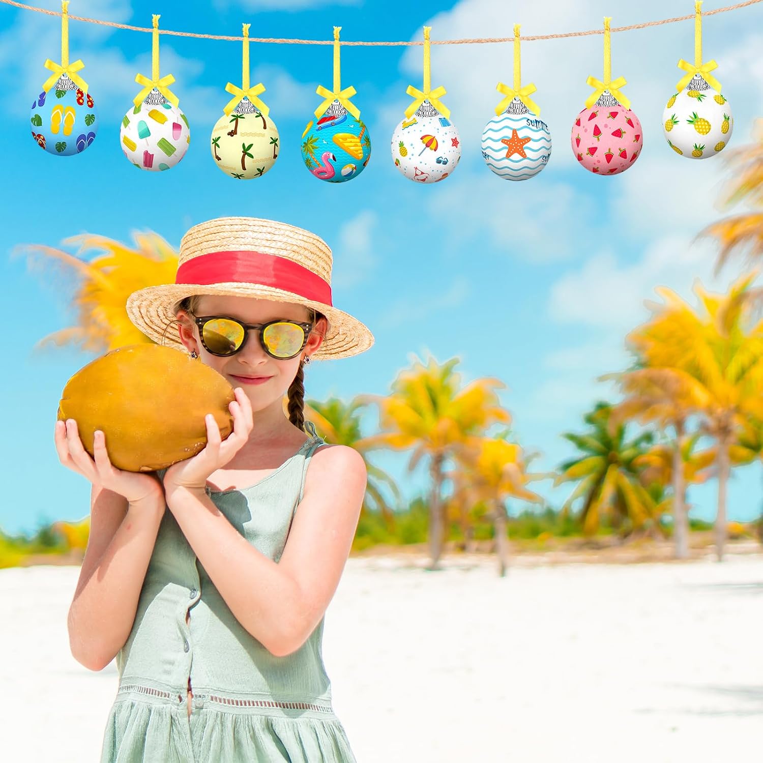 16 Pcs Summer Tree Ornaments Hanging Summer Decoration Christmas in July Ball Decoration Hawaiian Style Ice Cream Flamingo Sea Coastal Tropical Decor for Holiday Luau Birthday Backyard BBQ(Beach)