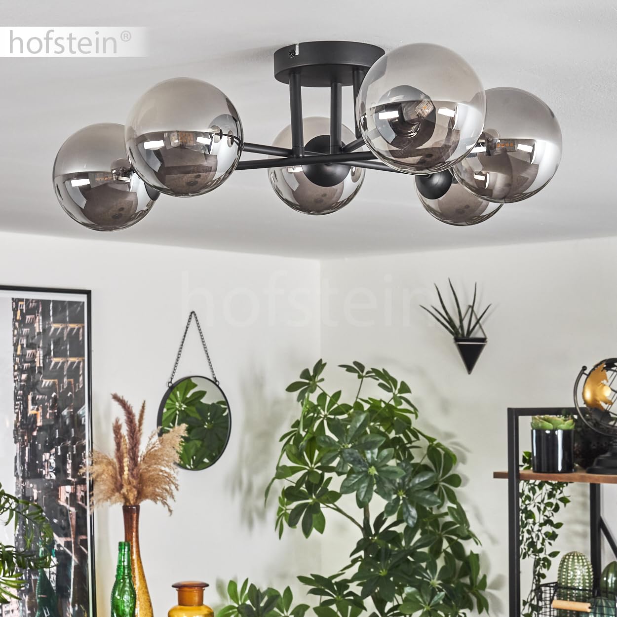 Hofstein Plafoniera Chehalis, lampada da soffitto in metallo/vetro nero/fumé, illuminazione in stile moderno retrò/vintage con paralumi in vetro (Ø 12 cm), 6 x G9