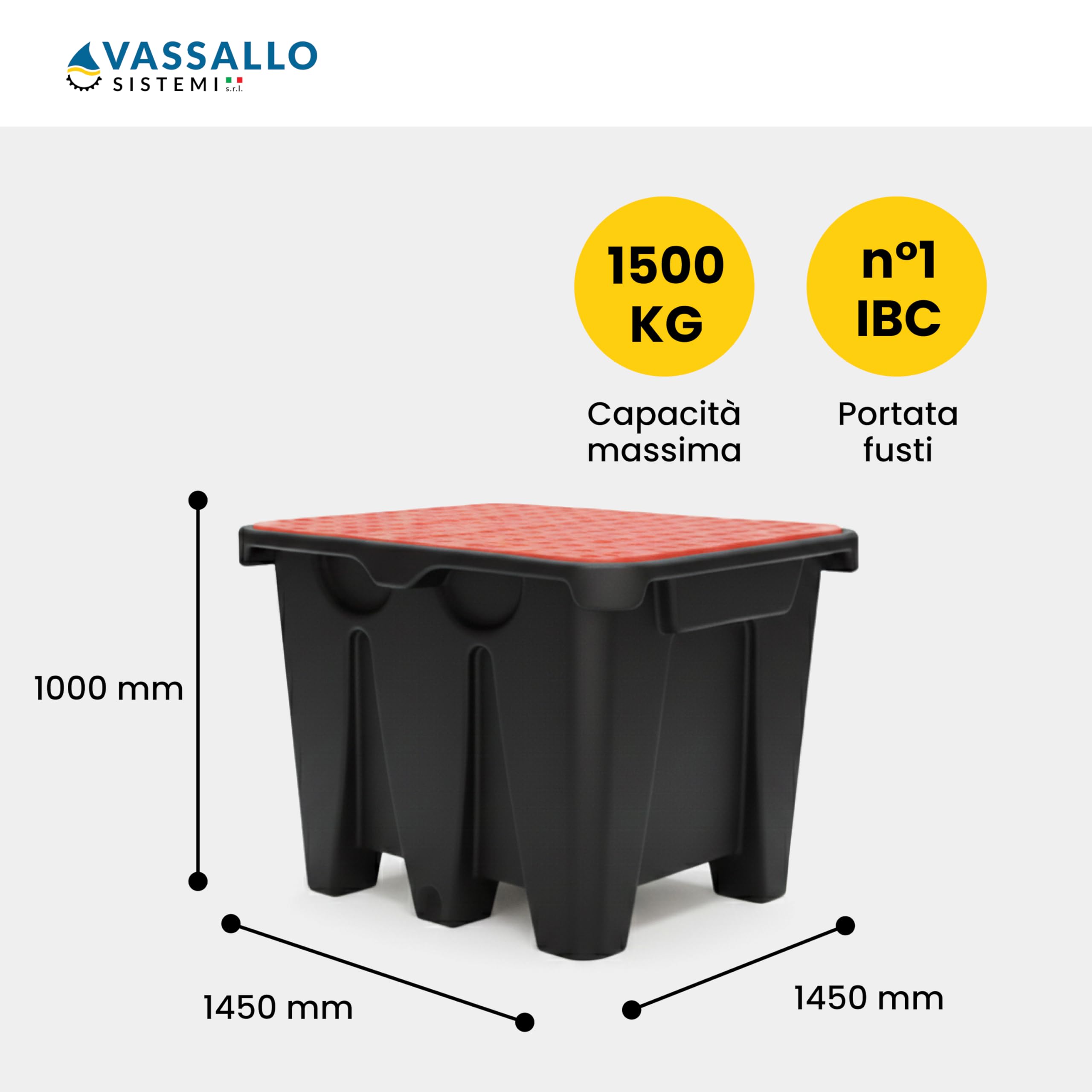 Vasca di Raccolta in Polietilene per 1 IBC (1000L) – Bacino di Contenimento Professionale 1110L – Piattaforma Stoccaggio Liquidi Chimici e Oli – Vassallo Sistemi