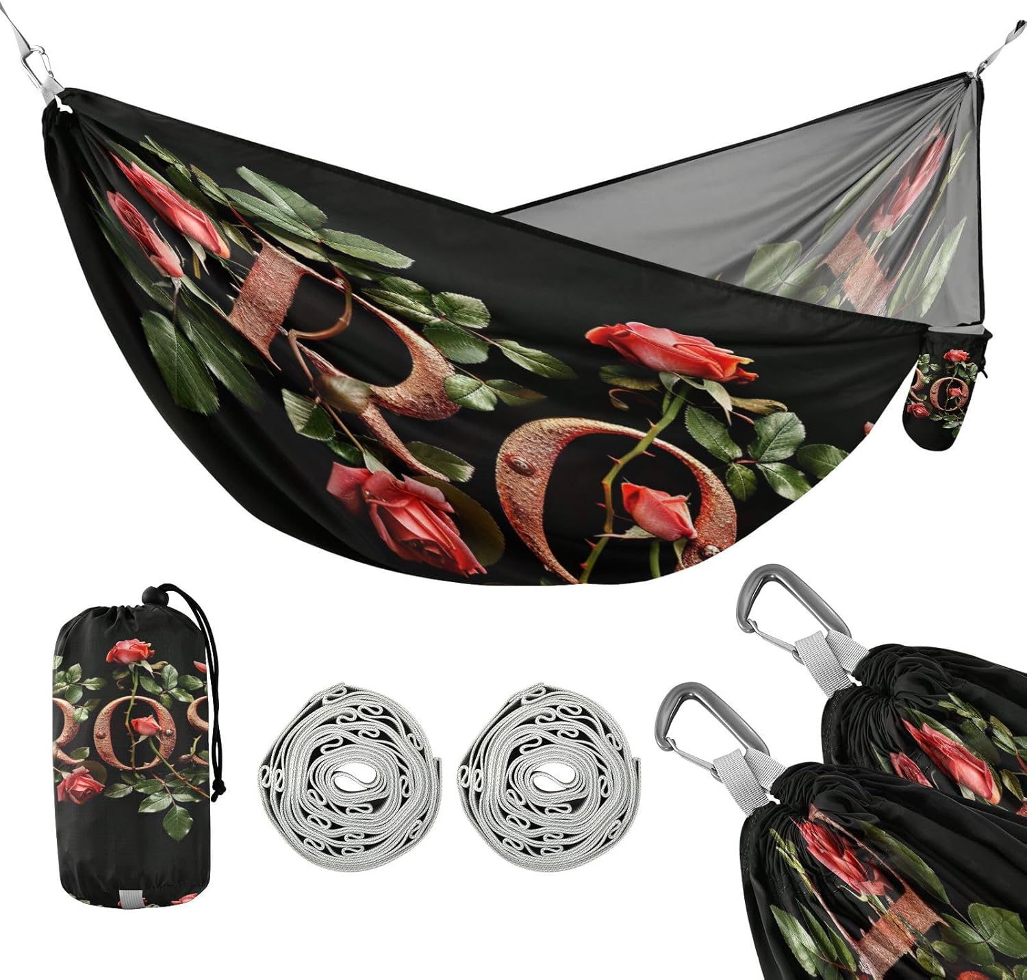 ALAZA Red Rose Flower Camping Hammocks Single or 2 Person 500 lbs Portable Parachute Travel Hammock w/Tree Straps for Hiking Backpacking Indoor Outdoor