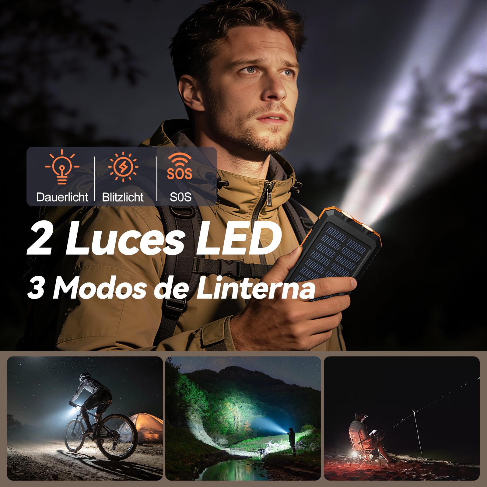 Vikeri Cargador Solar de 26800 mAh, Power Bank Solar Impermeable, Puerto USB-C de Carga Rápida, 4 Salidas, Compatible con Smartphones, Tablets, etc. (Naranja)