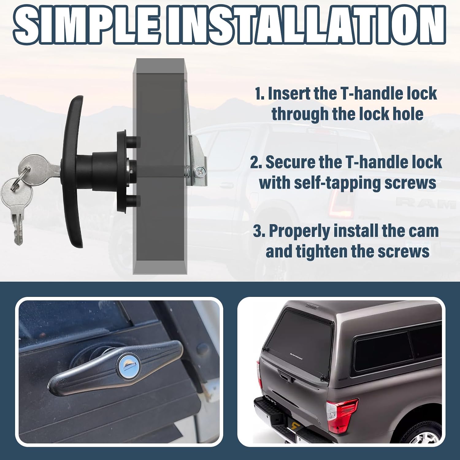 2PCS Truck Cap Lock Replacement Parts, Left & Right Type with T-Handle, Keyed Alike Truck Camper Shell Accessories, Tonneau Cover Locks Bed Topper Door Locking Kit