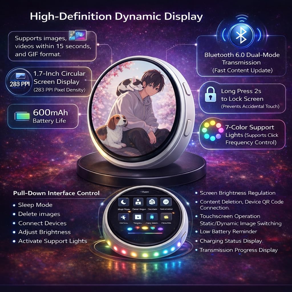 Touchscreen Digital Badge Pin – Display GIFs, Videos & Text, HD LED Smart Pin with Bluetooth App Control, Custom Wearable Screen for Concert, Rave & Cosplay
