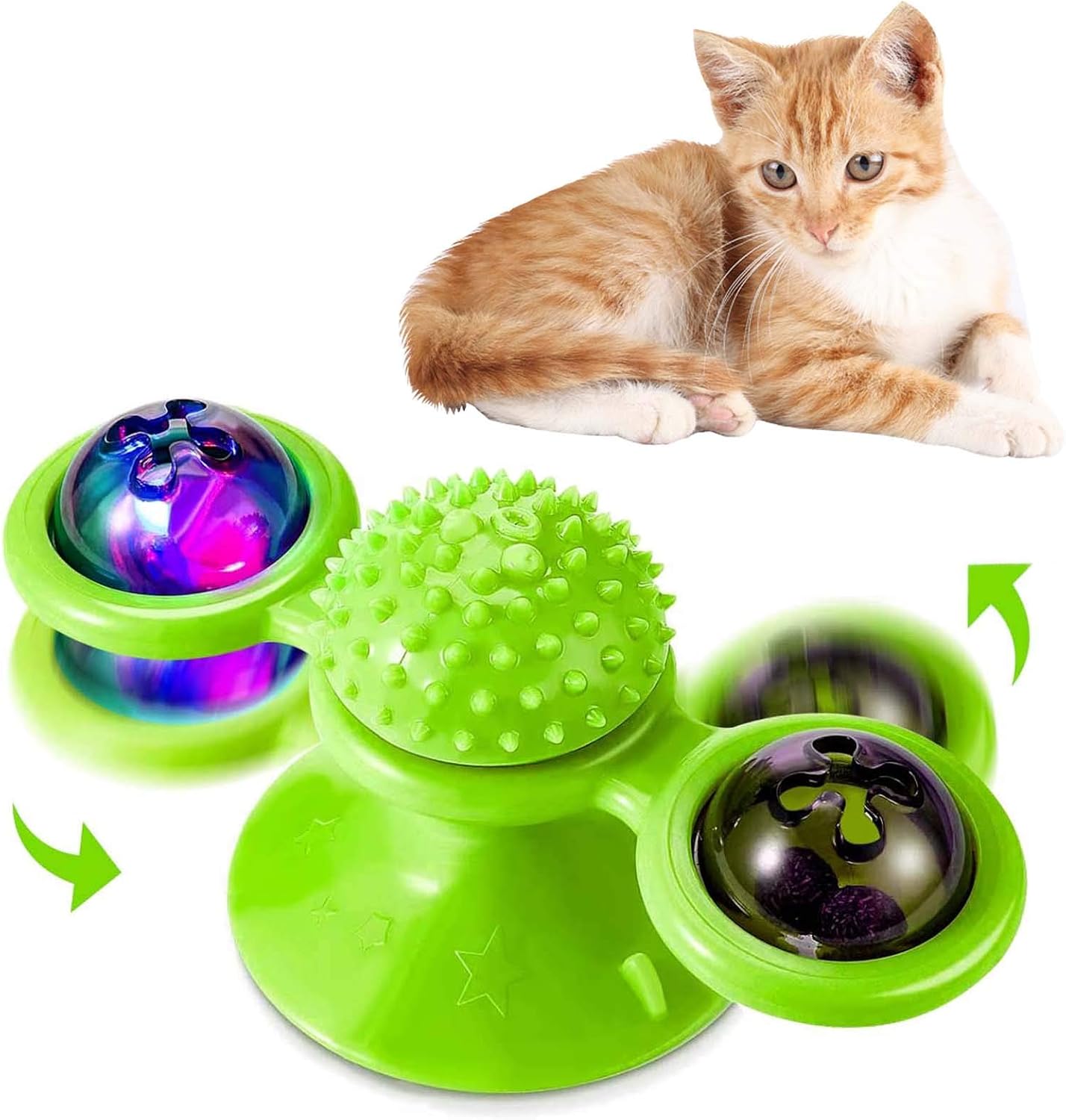 Fuovt Windmill Cat Toy, Interactive cat Catnip Toy with Bell and Catnip Ball, Cat Turntable Teasing Interactive Toy, Massage Scratching Tickle (Green)