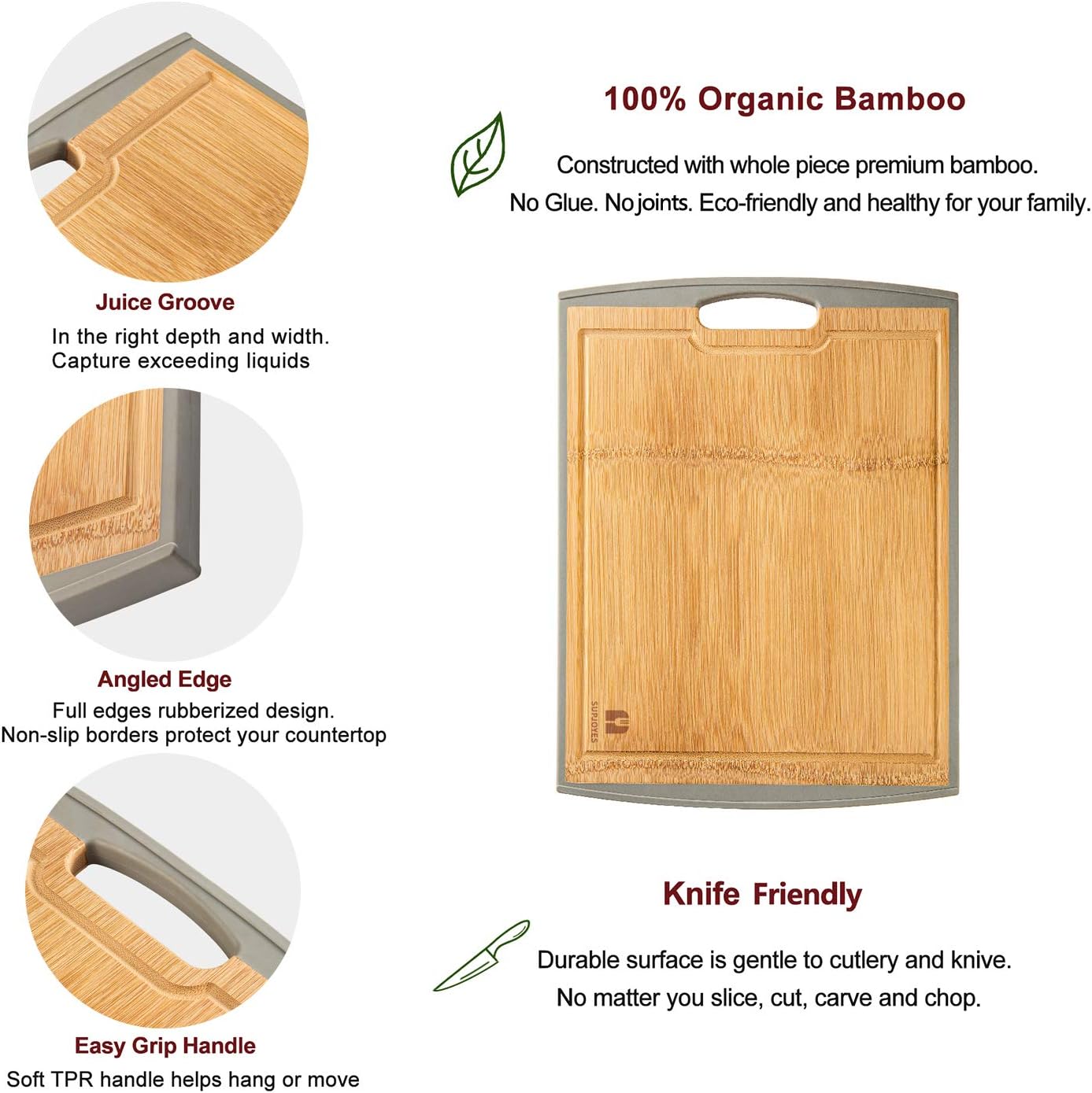 SUPJOYES Cutting Boards for kitchen: Bamboo Wood Cutting Board and Plastic Chopping Board, Large Cutting Board Set of 2 Piece, Non-slip, with Handle