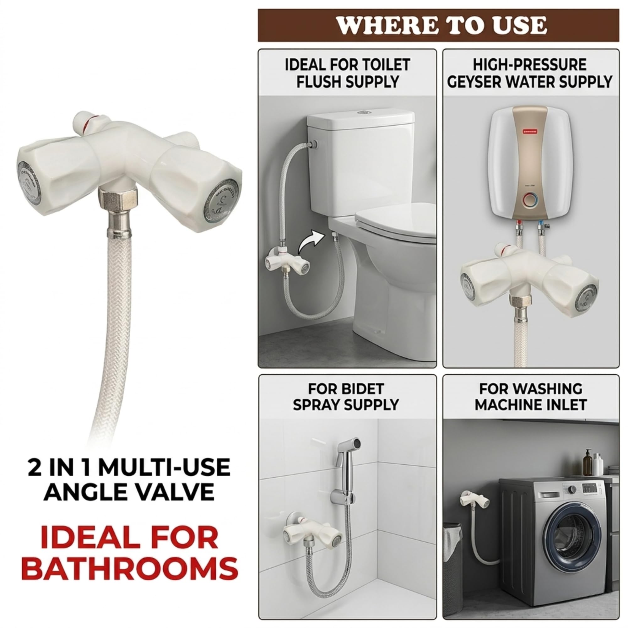 EchinTock PVC 2 in 1 Angle Cock 15mm (1/2 Inch) Wall Mount Tap | Dual Outlet Water Tap for Bathroom & Kitchen | Durable Leak-Proof Plastic Angle Valve for Health Faucet & Utility Use (Pack of 1) 4