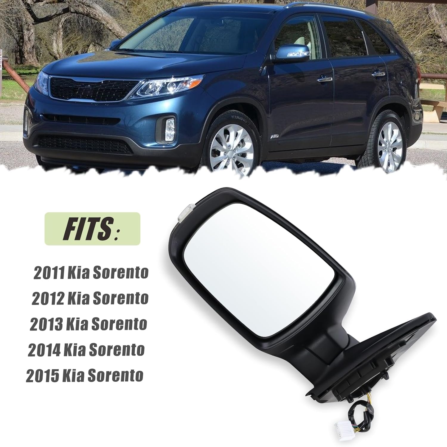 Left Driver Side Mirror Compatible With 2011 2012 2013 2014 2015 Kia Sorento With Manual Folding Power Glass Heated Turn Signal Matte Black Replace#876101U050(7 Pins)