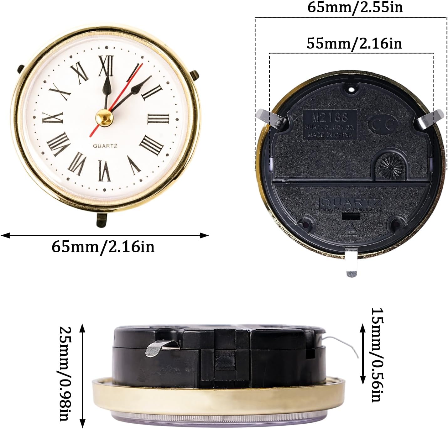 Classic Clock Craft Quartz Movement 2-1/2 (65mm) Round Clocks Head Insert Roman Number