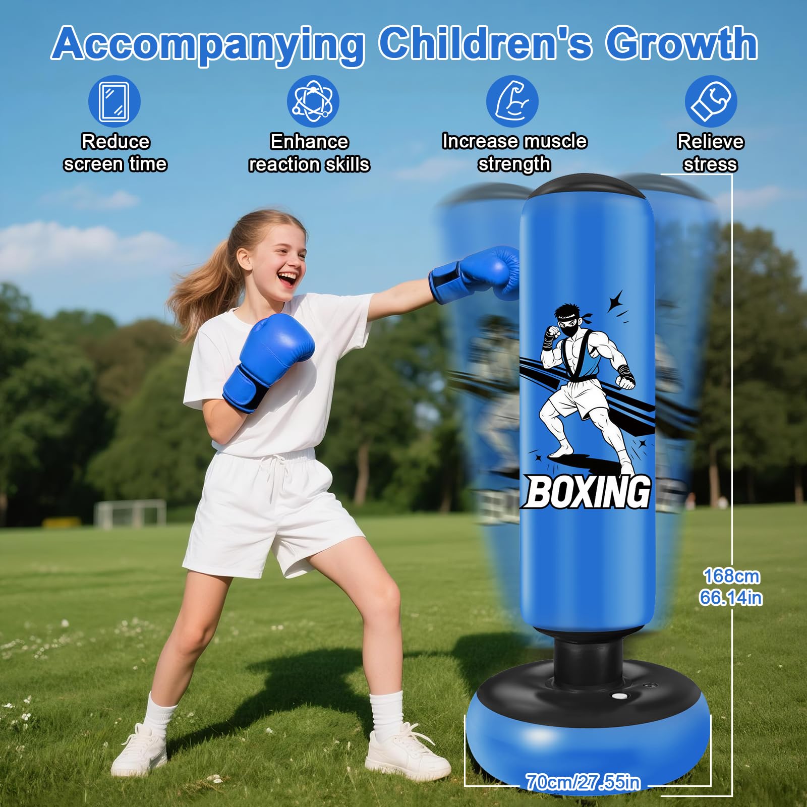 Boxsack für Kinder, 168cm Boxsack Stehender, Aufblasbarer Standboxsack mit Boxhandschuhe und Luftpumpe, Boxing Bag, Geschenk für Jungen & Mädchen von 6–15 Jahren Üben von Karate, Kickboxen,Taekwondo